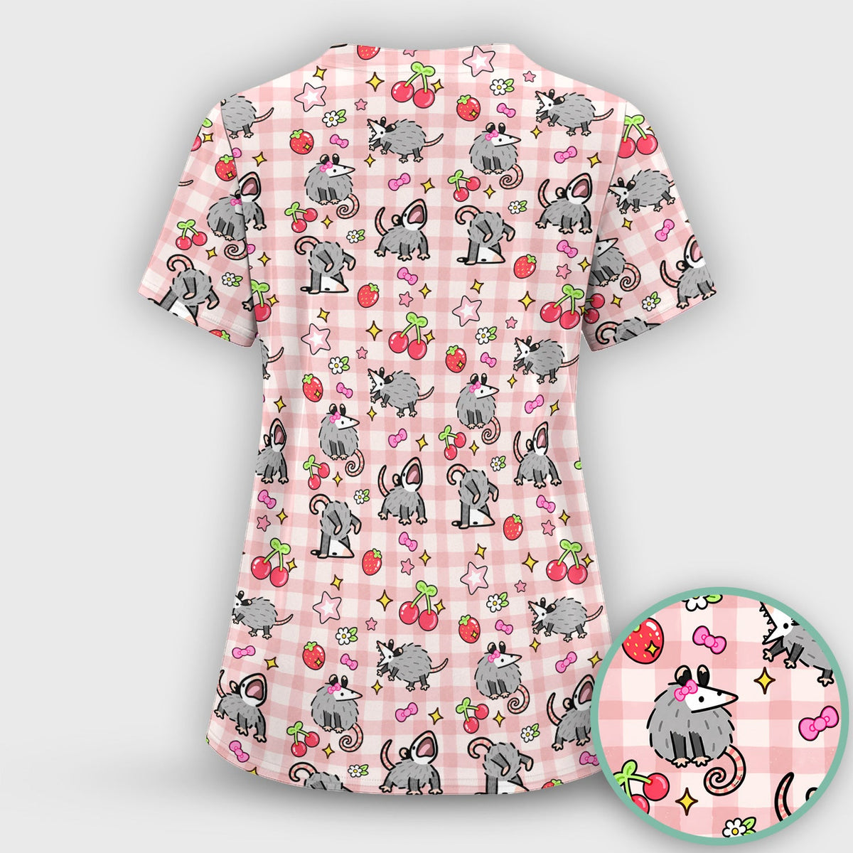 Opossum And Cherries Gingham Nurse Scrub Set
