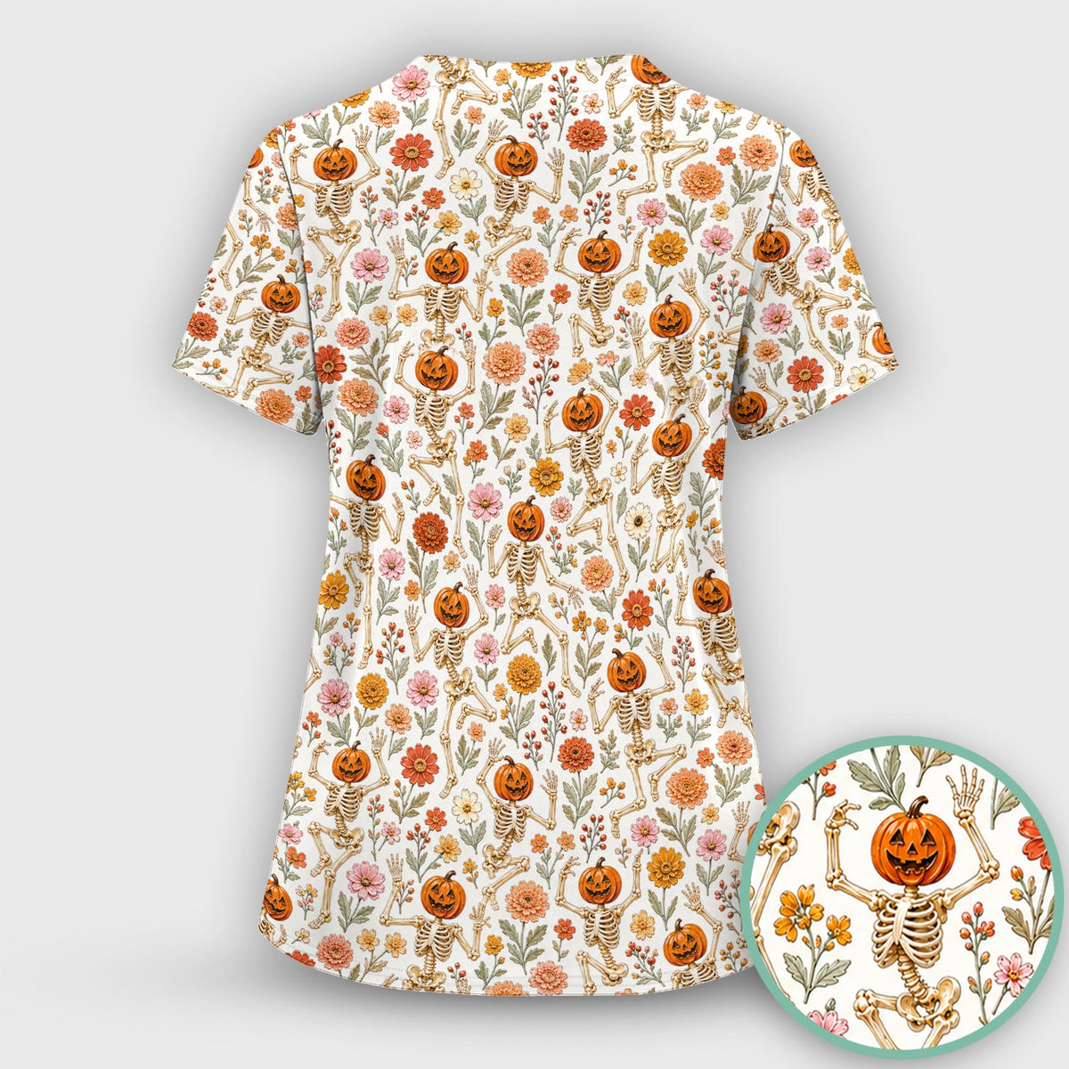 Pumpkin Skeleton Floral Nurse Scrub Top - Halloween Gift