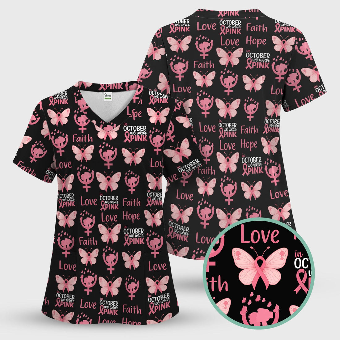 Breast Cancer Faith Hope Love Butterfly Nurse Scrub Top