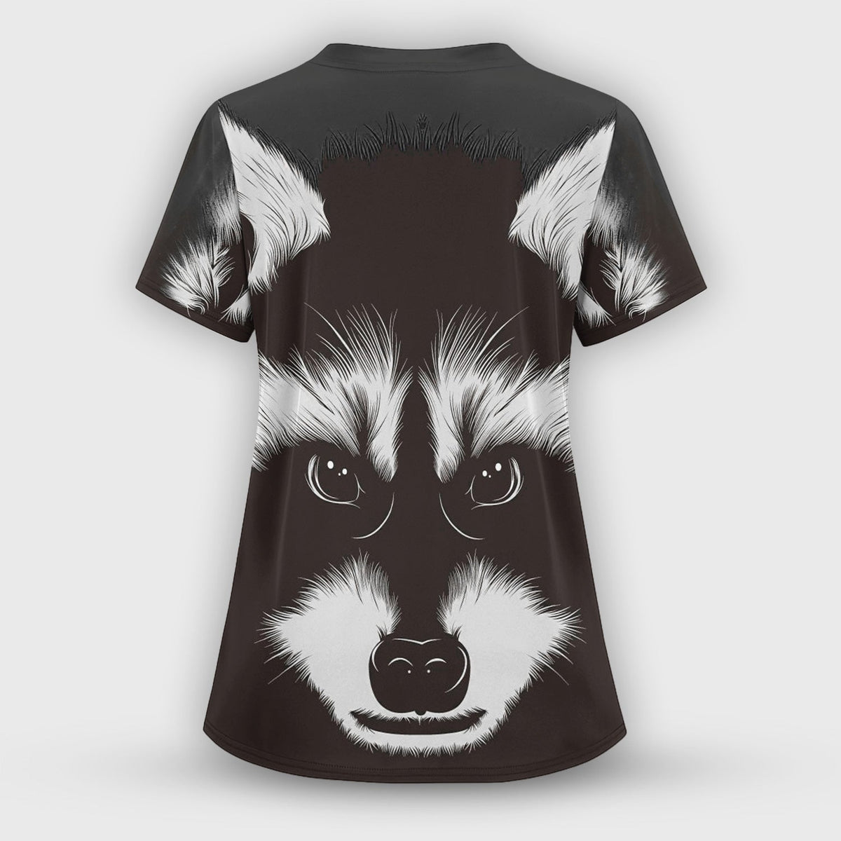 Black White Raccoon Face Nurse Scrub Top