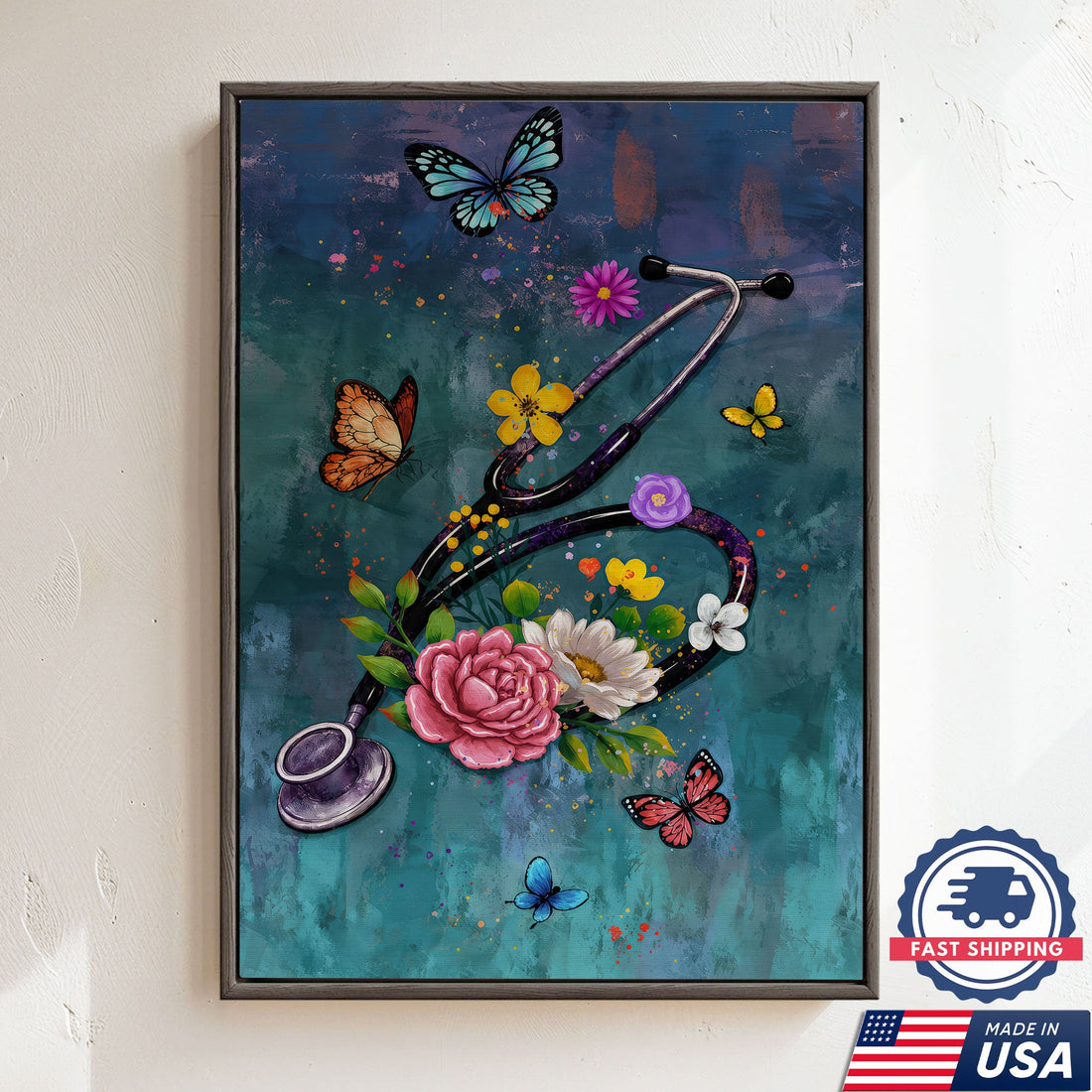 Butterfly Floral Stethoscope Nurse Canvas