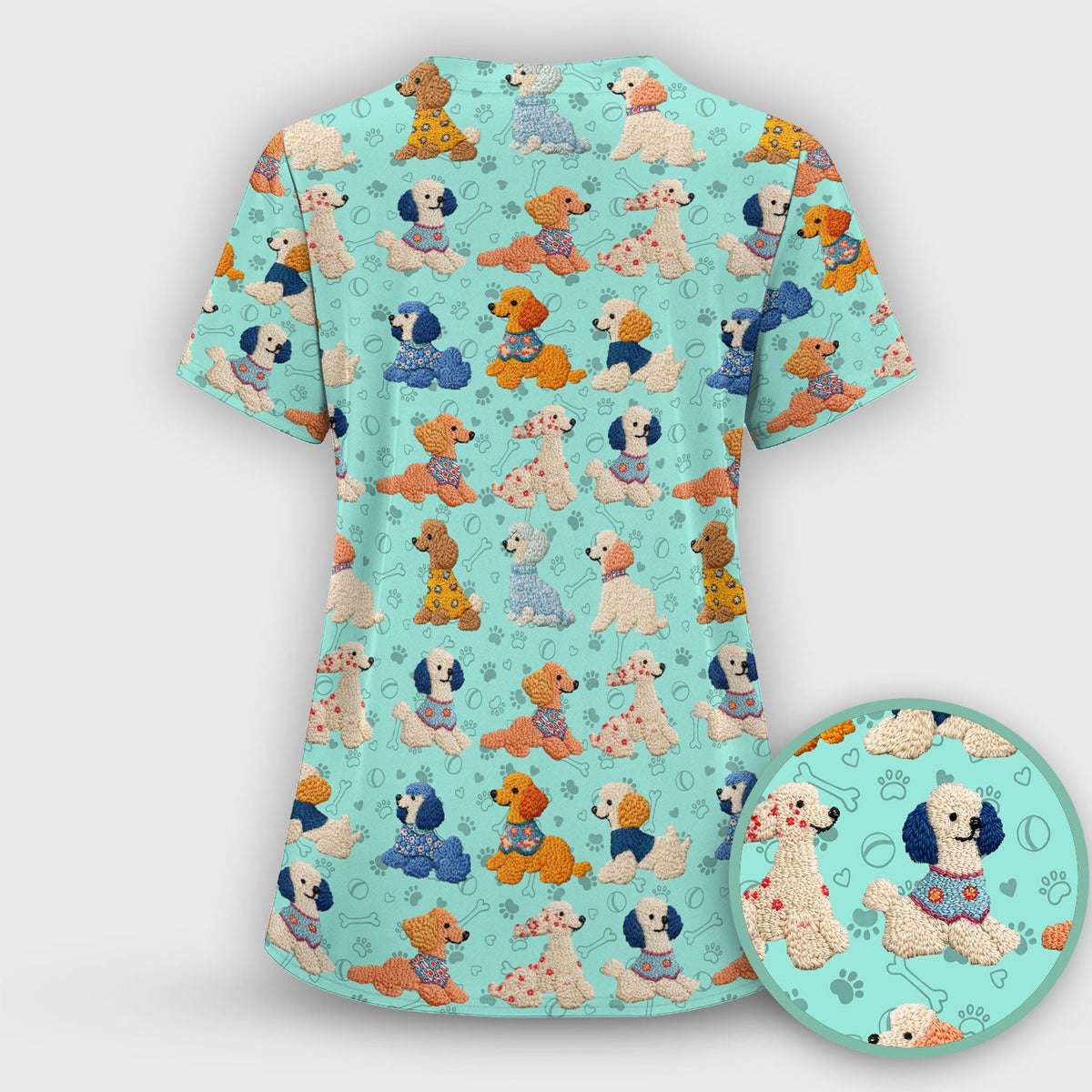 Cute Colorful Poodle Pattern Scrub Set, Scrub Pants and V Neck Top