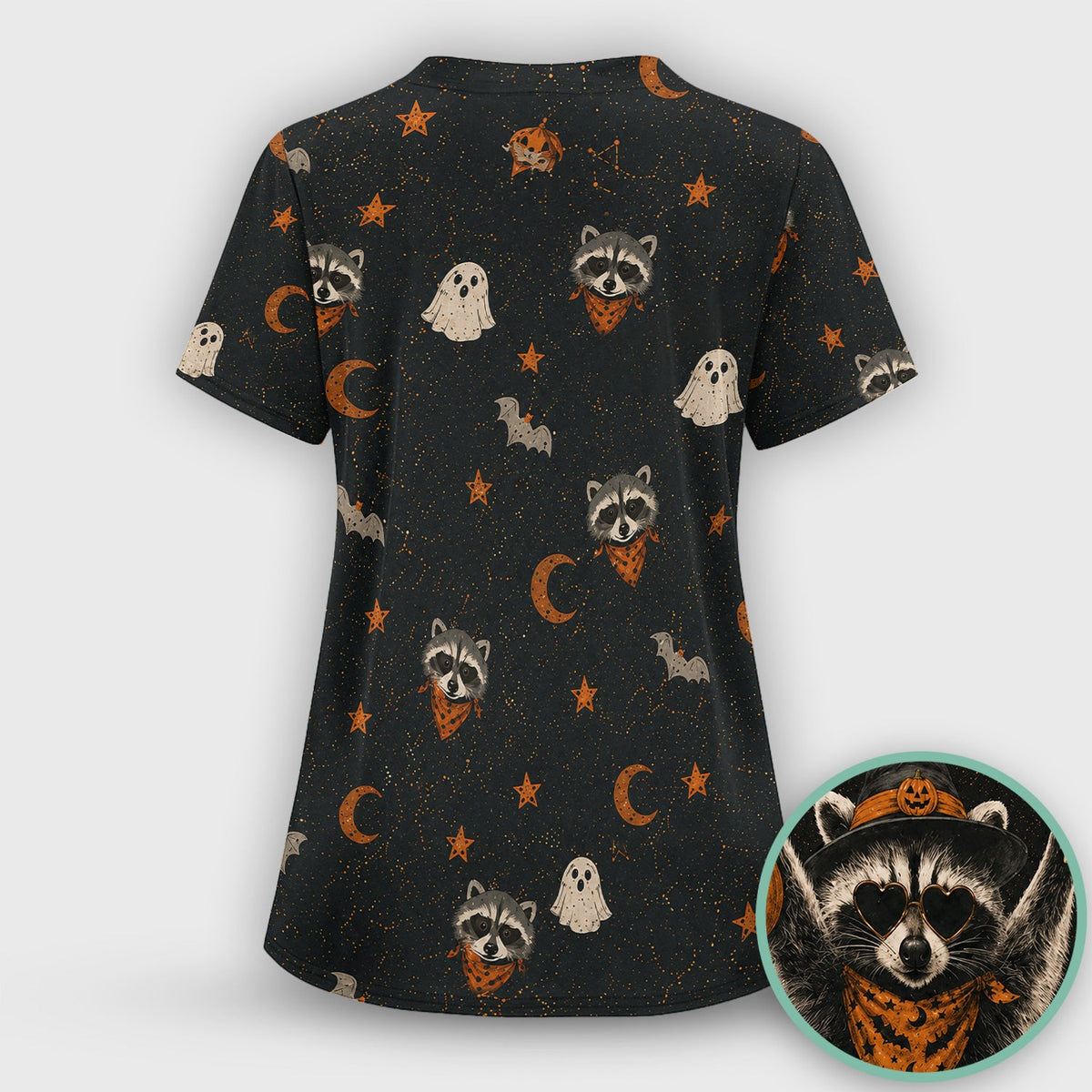 Ghost Pumpkin Raccoon Nurse Scrub Top - Halloween Gift