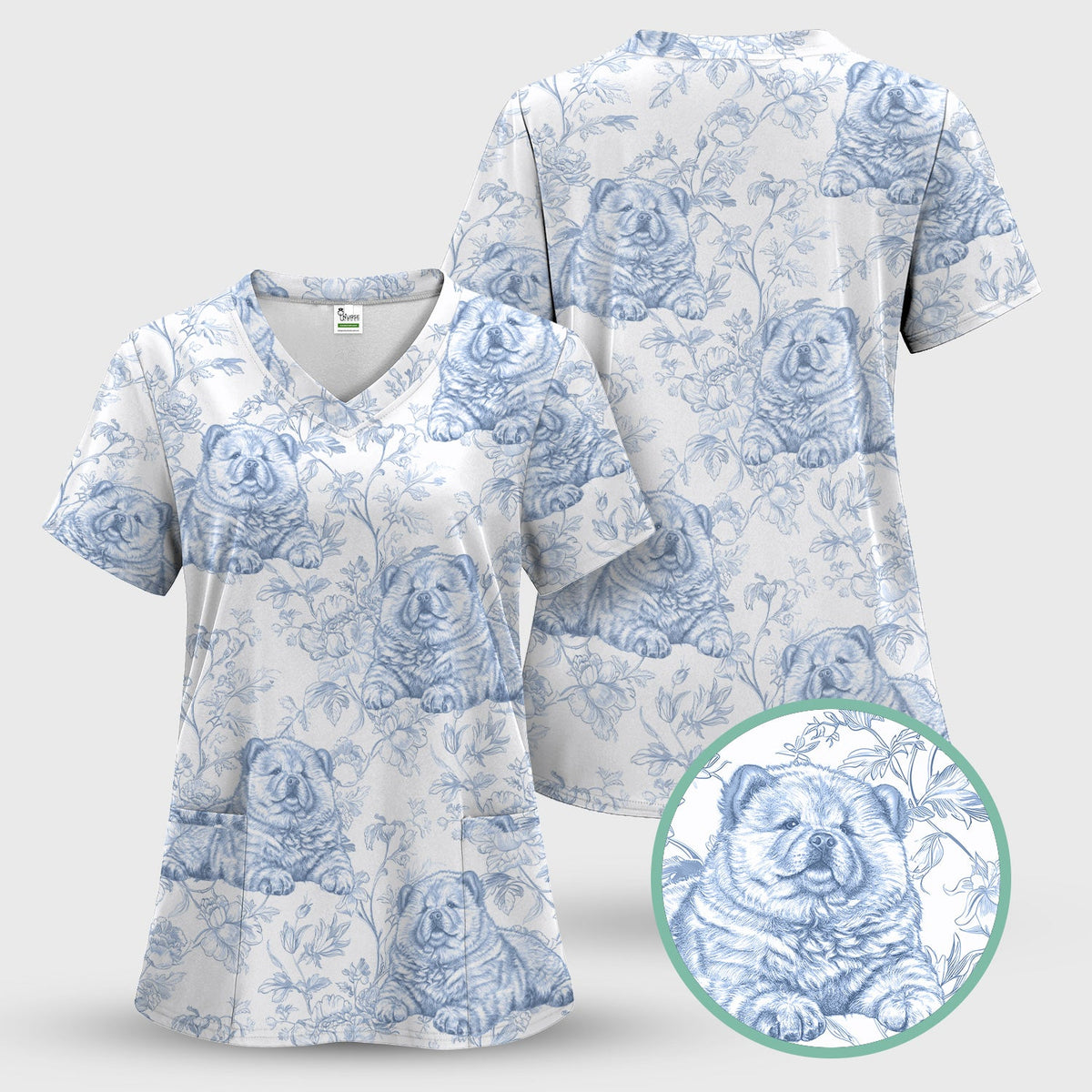 Dog Cat Chinoiserie Nurse Scrub Top