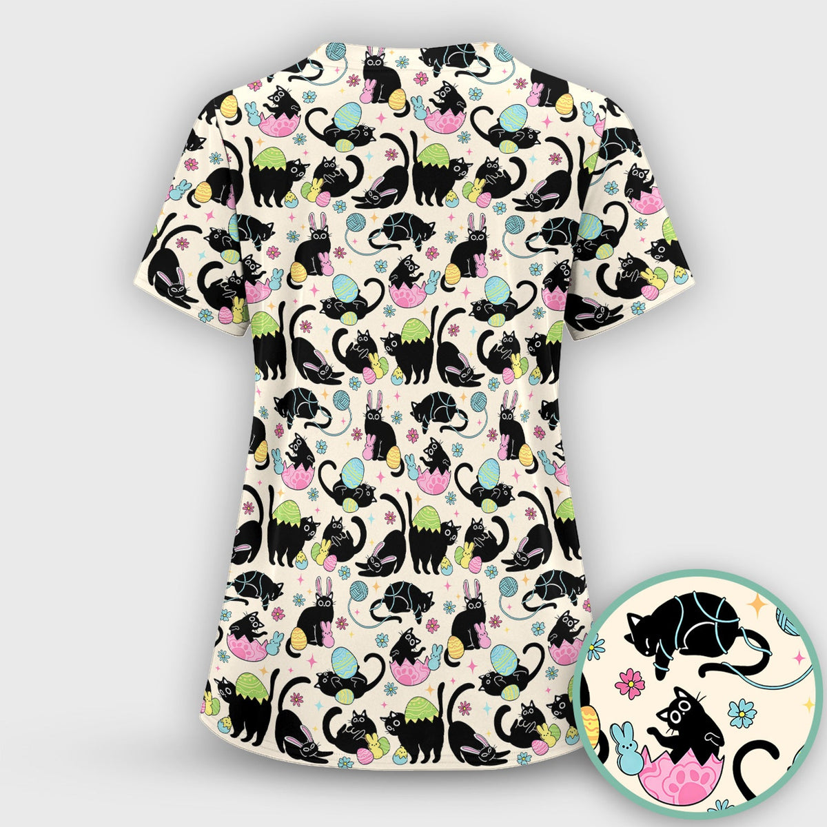 Funny Easter Black Cat Egg Pattern Scrub Set, Scrub Pants and V Neck Top