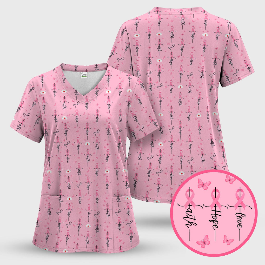 Breast Cancer Faith Hope Love Nurse Scrub Top