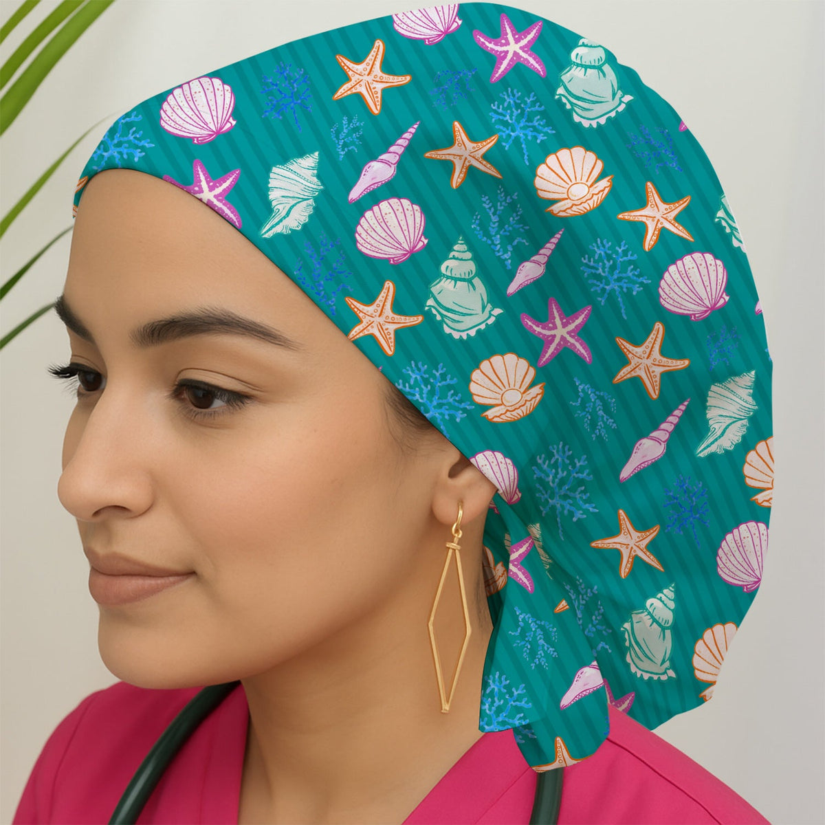 Colorful Seashell Starfish Ocean Stripe Scrub Cap