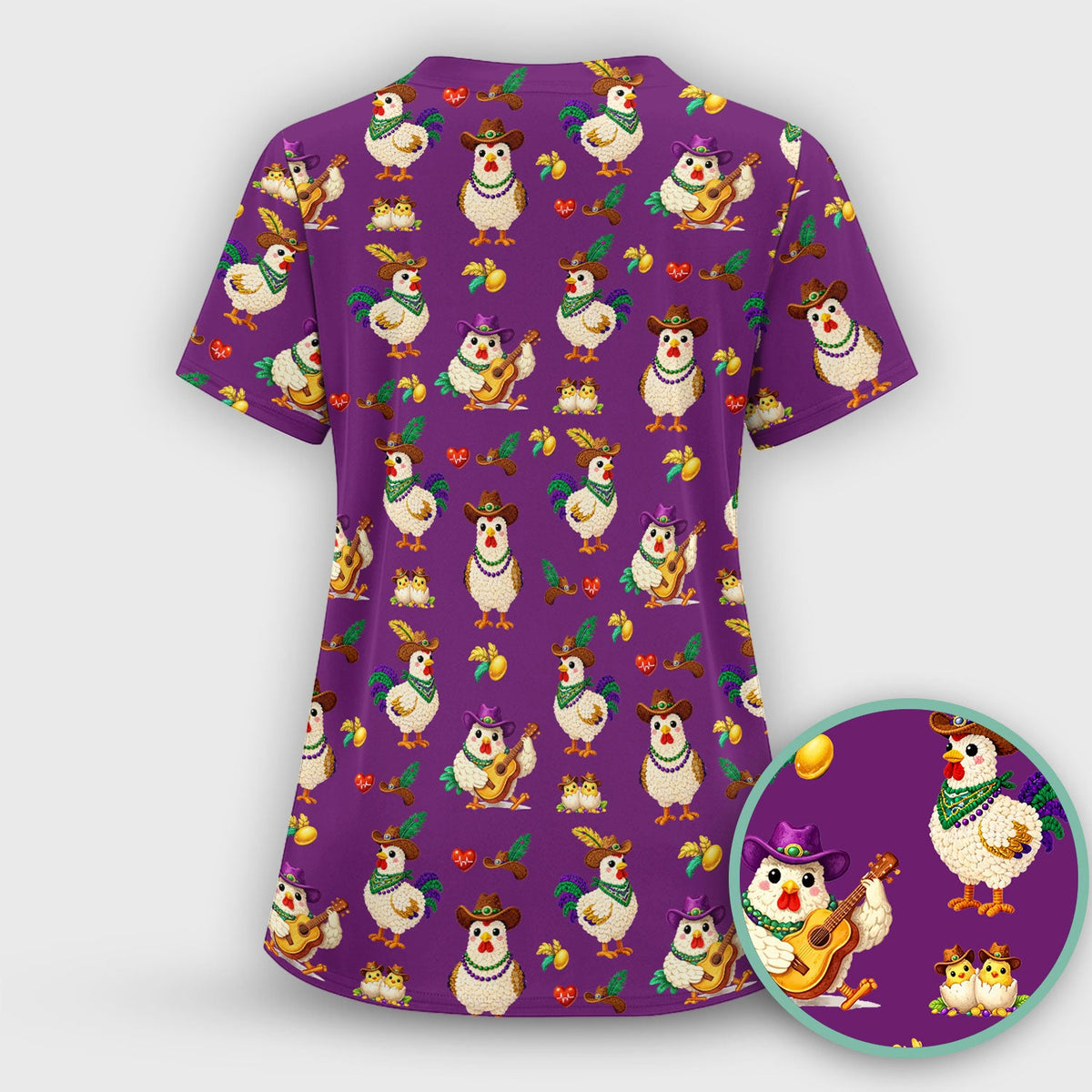 Mardi Gras Rooster Cowboy Nurse Scrub Top