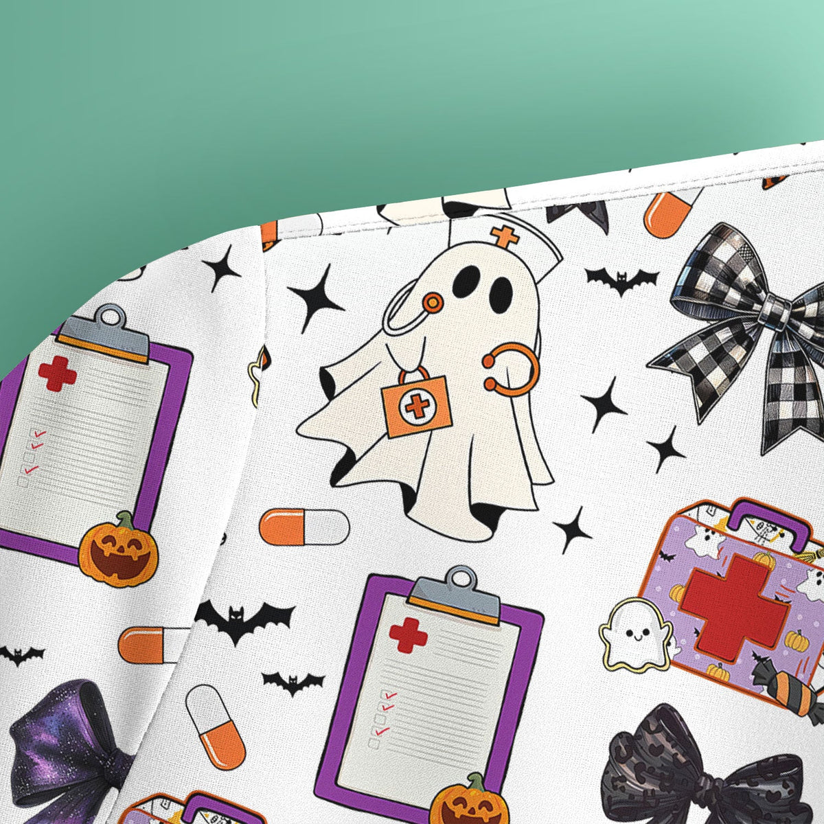 Spooky Ghost Pumpkin Bow Nurse Scrub Top