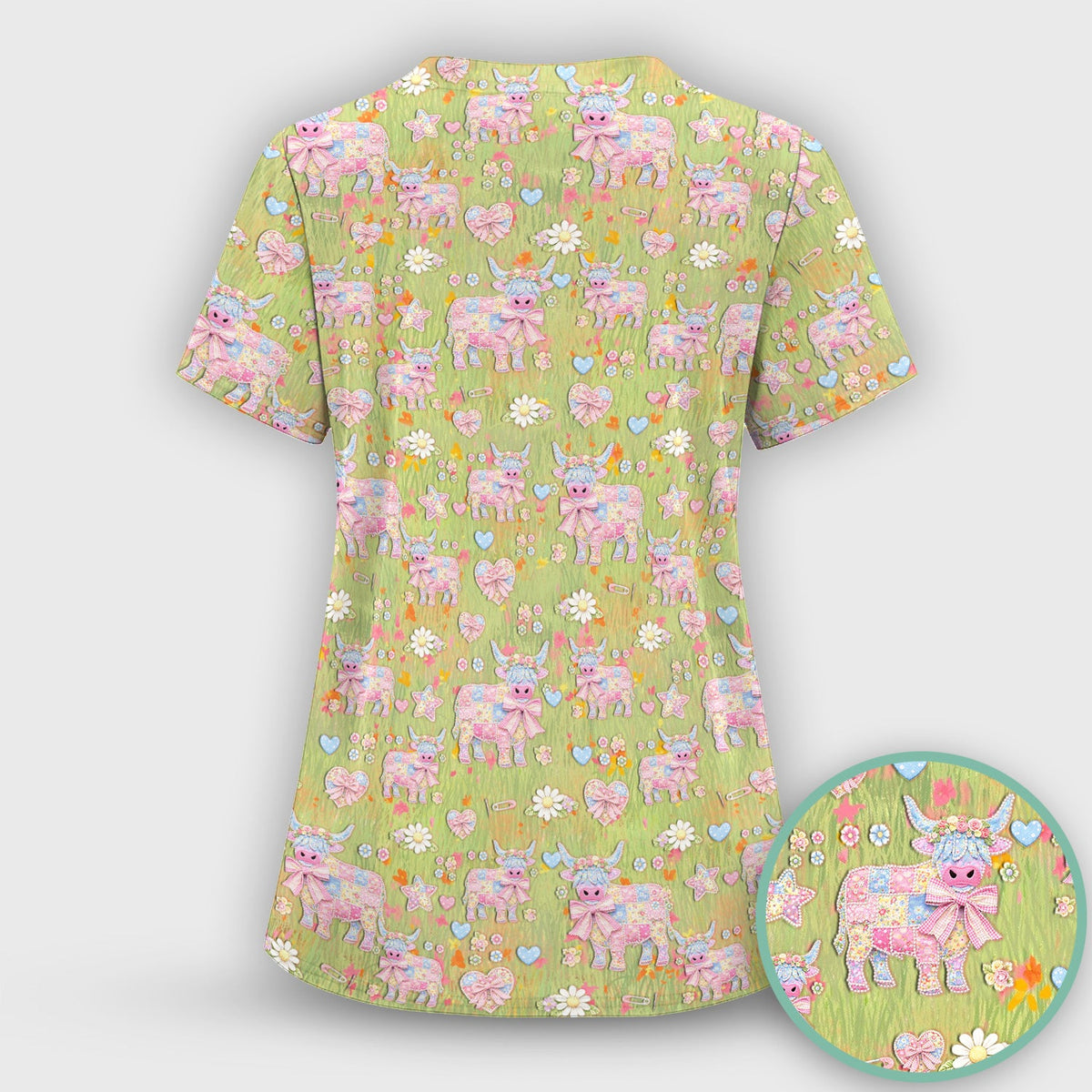 Cute Girly Cow Daisy Pastel Pattern Scrub Top, Comfortable Scrubs for Nurses