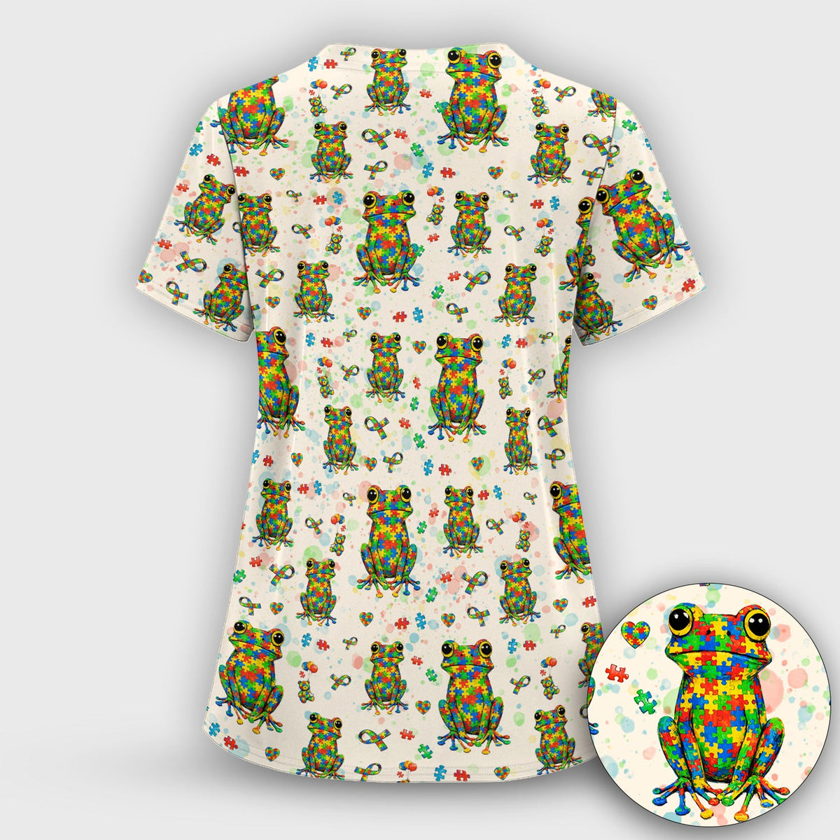 Colorful Autism Puzzle Frog Nurse Scrub Top