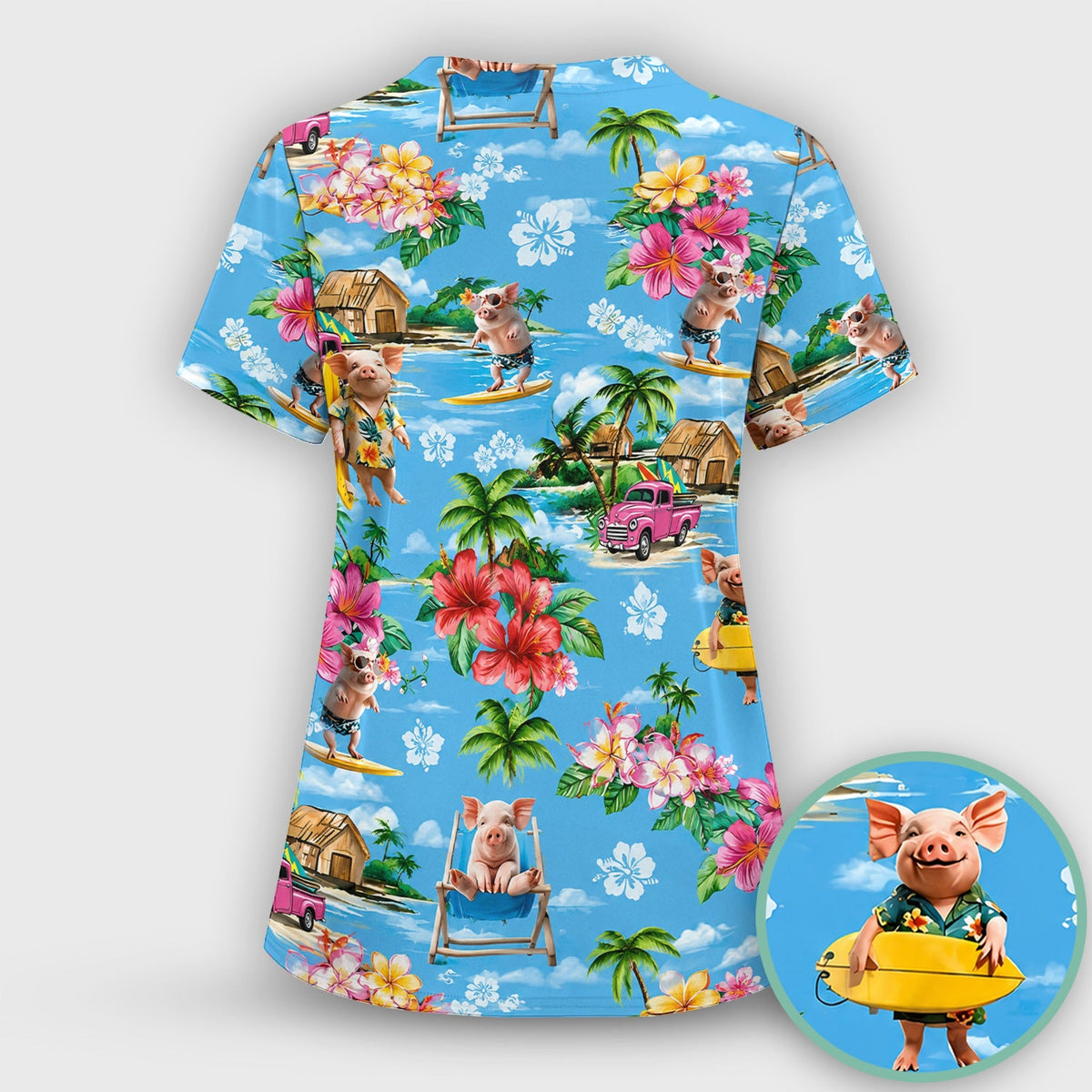 Tropical Surfing Pig Beach Nurse Scrub Top