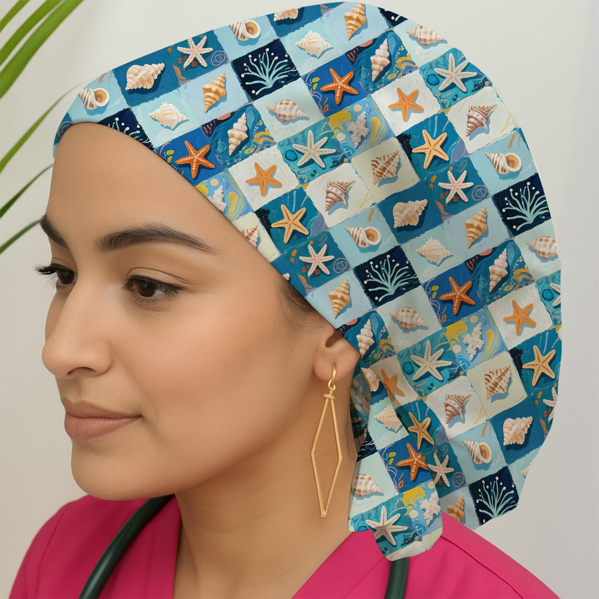 Seashell Starfish Ocean Tile Scrub Cap