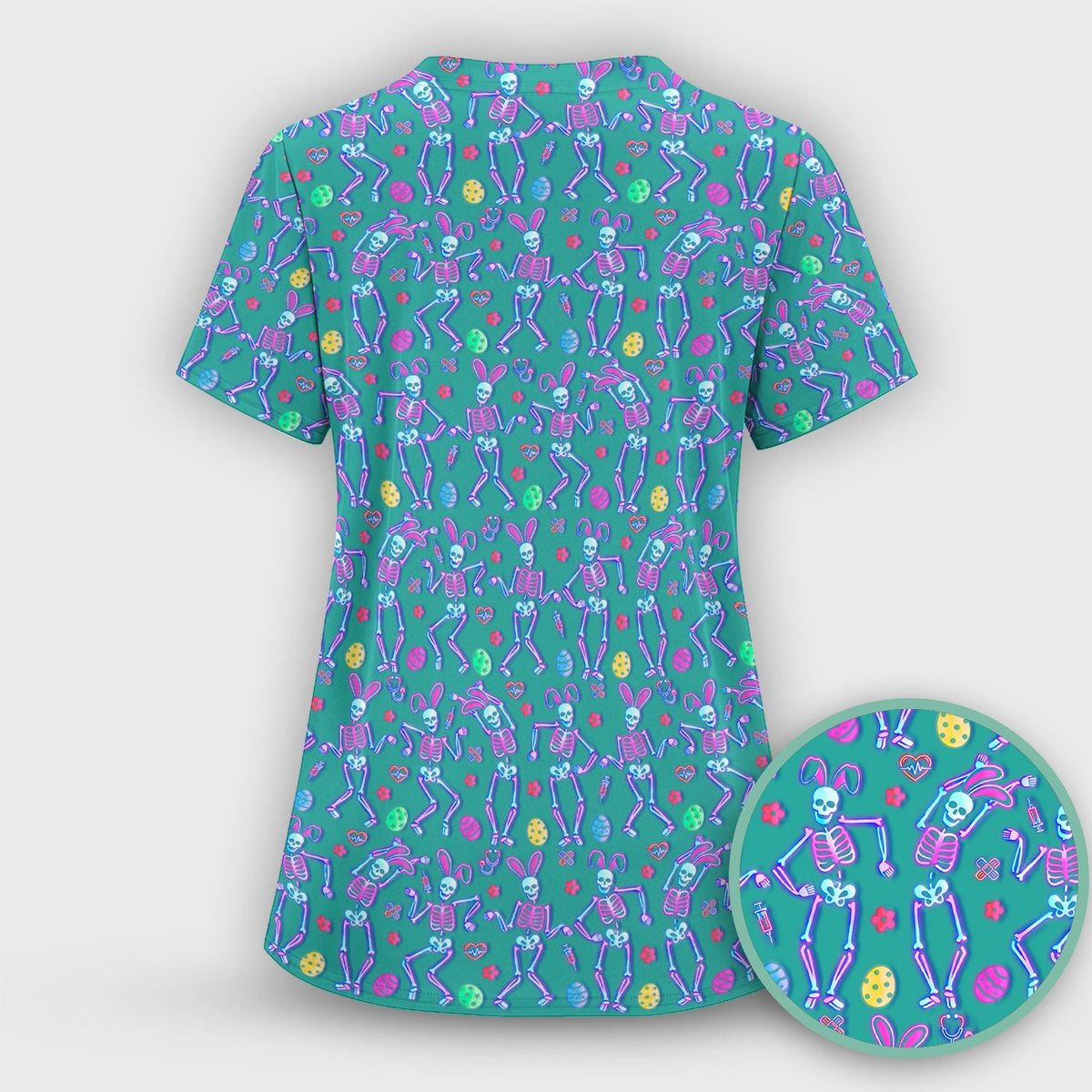 Neon Easter Skeleton Print Scrub Set, Scrub Pants and V Neck Top