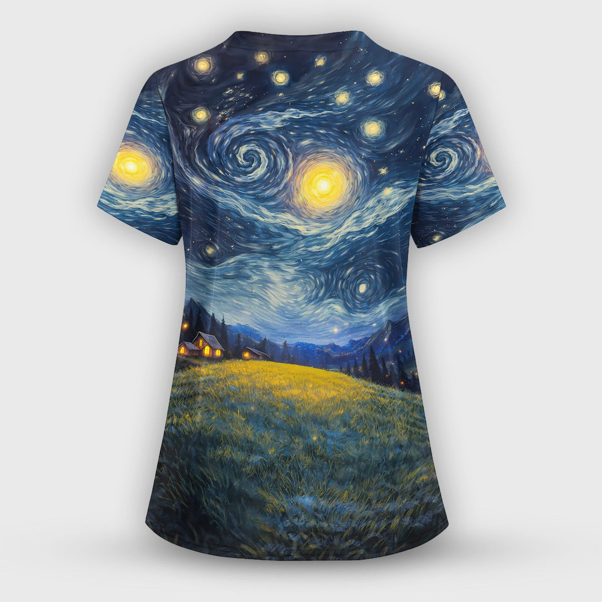 Black Cat Cosmic Night Sky Nurse Scrub Top