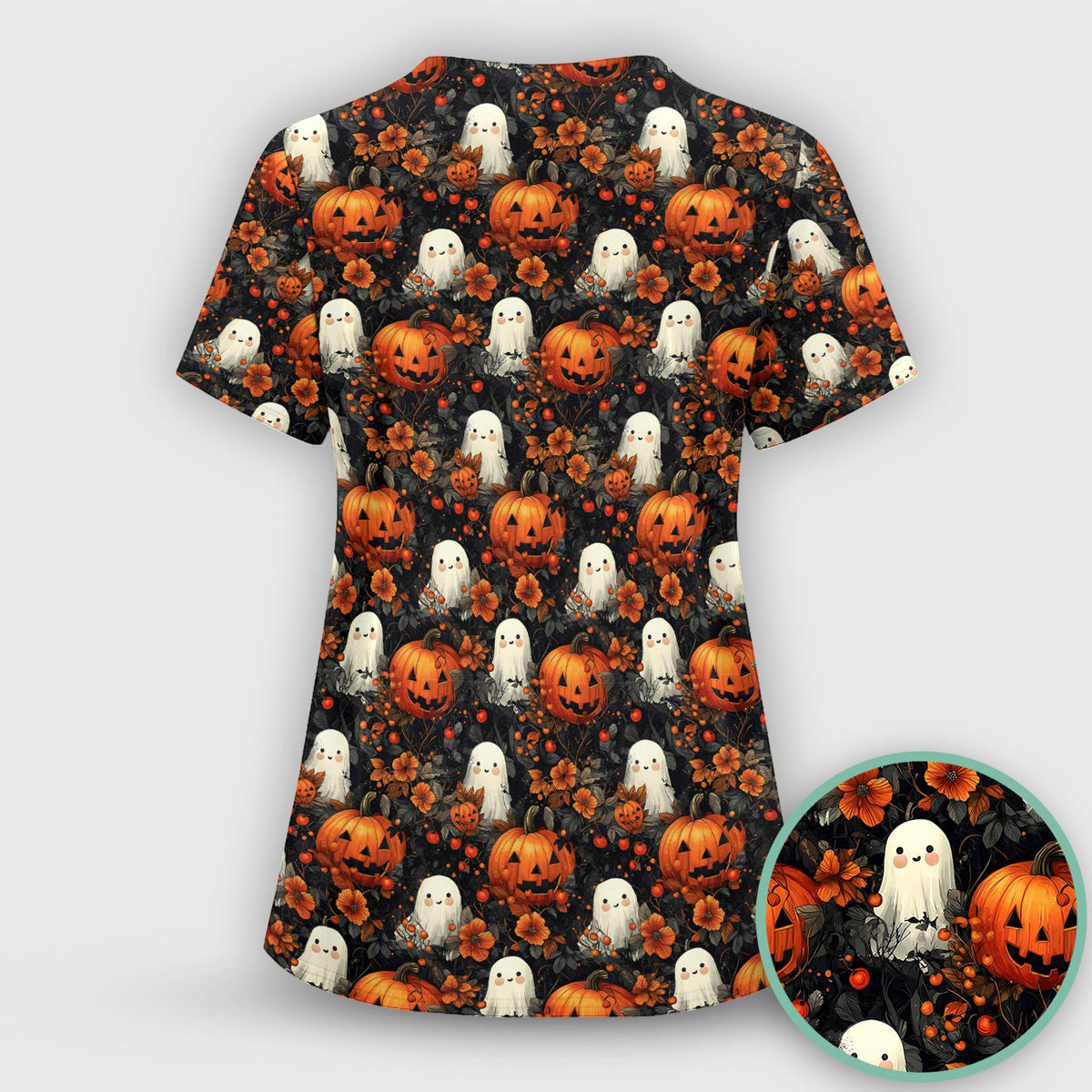 Spooky Ghost Pumpkin Nurse Scrub Top