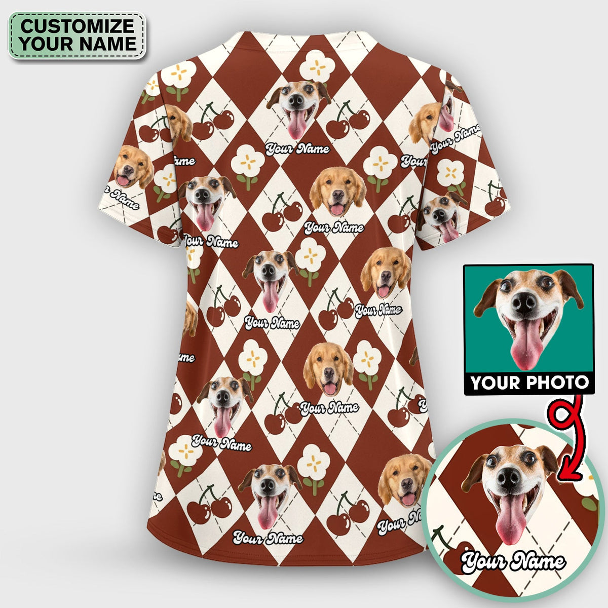 Dog Face Cherry Argyle Nurse Scrub Set
