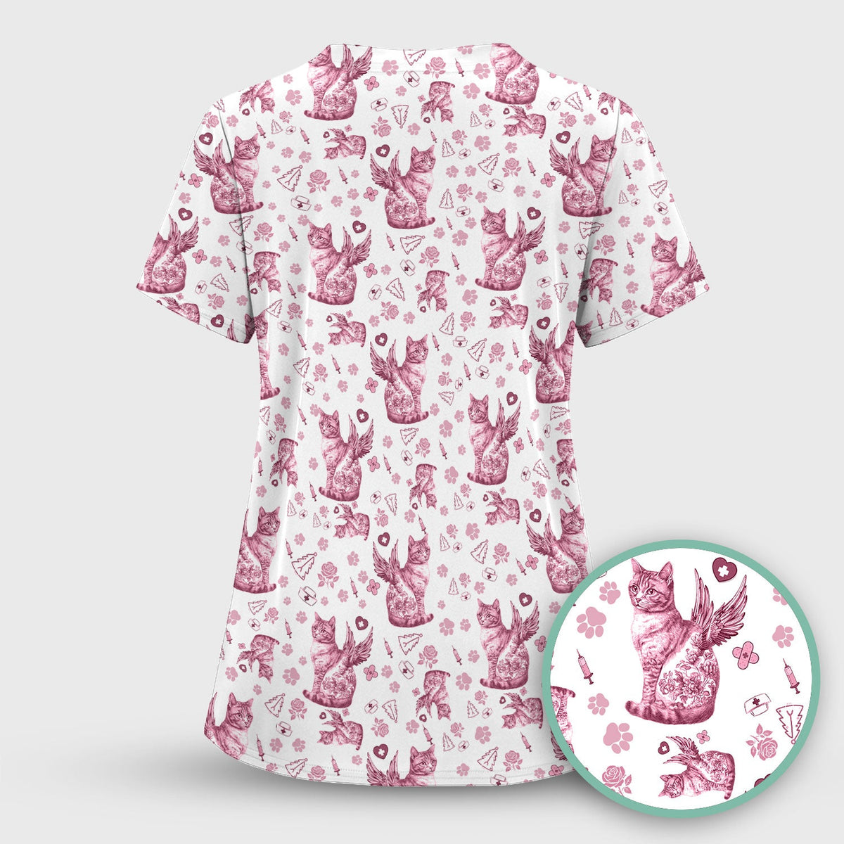 Toile de Jouy Cat Angel Scrub Top - Blue Vintage Nurse Shirt - French Style Medical Uniform for Women RN LPN CNA Gift