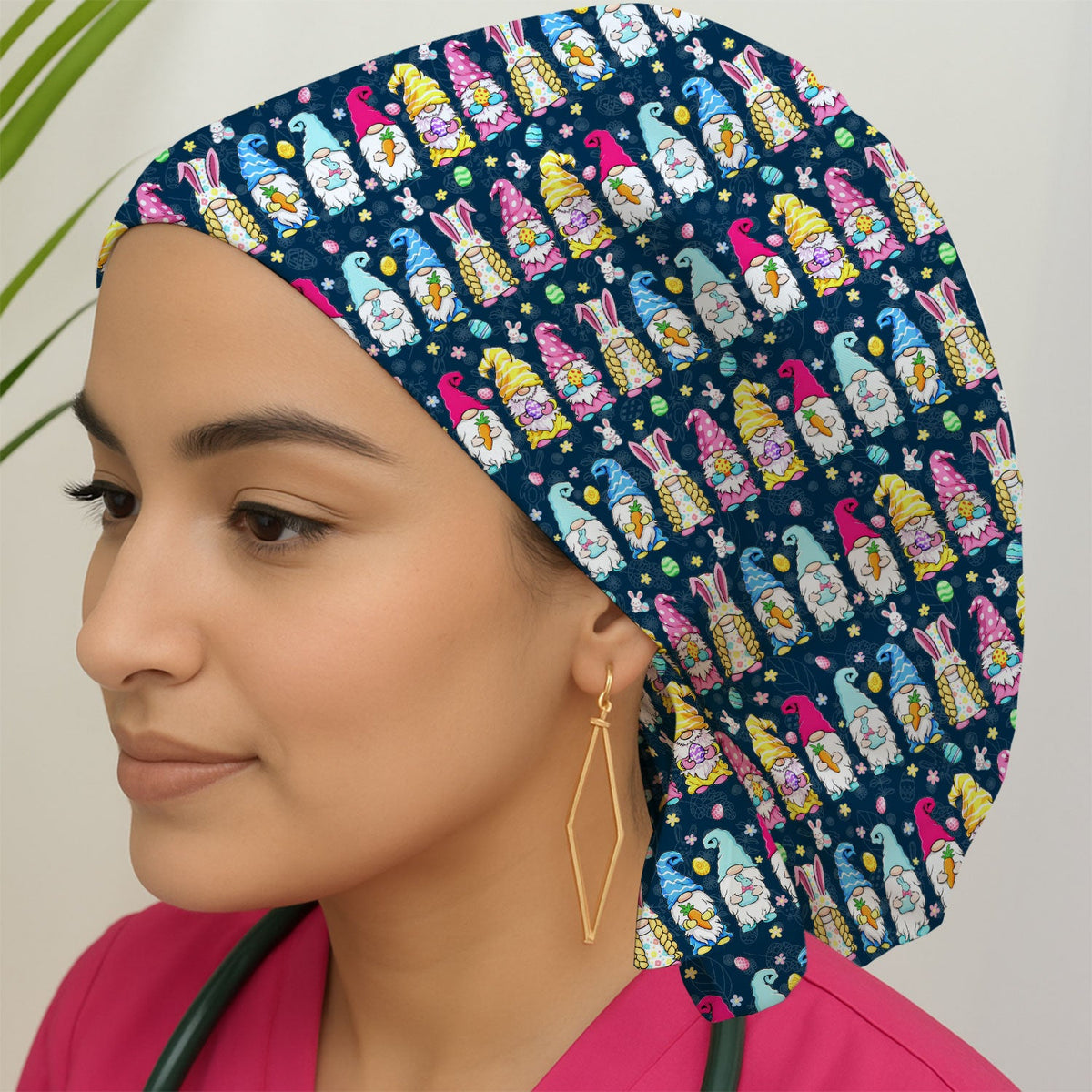 Colorful Easter Gnome Bunny Eggs Scrub Cap