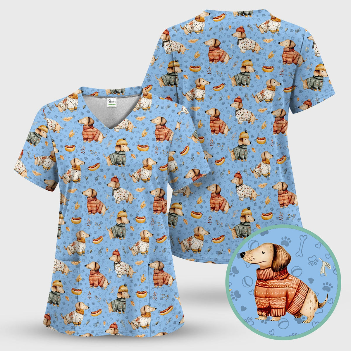 Autumn Dachshund Scrub Top - Cute Wiener Dog Nurse Shirt for Women - Cozy Fall Medical Uniform RN CNA LPN Thanksgiving Gift