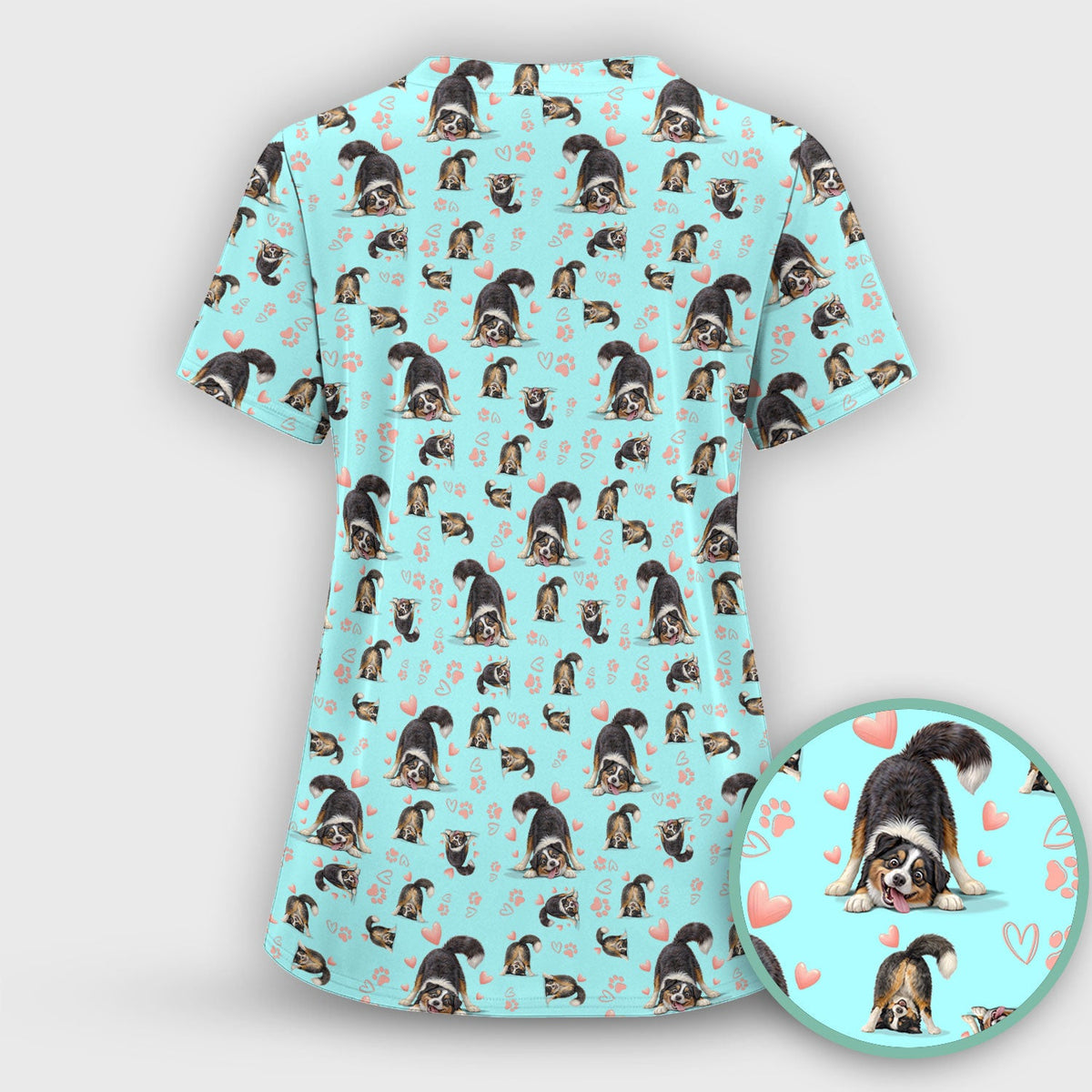 Playful Dog Heart Medical Print Scrub Top, Breathable Fabrics Nursing Uniform