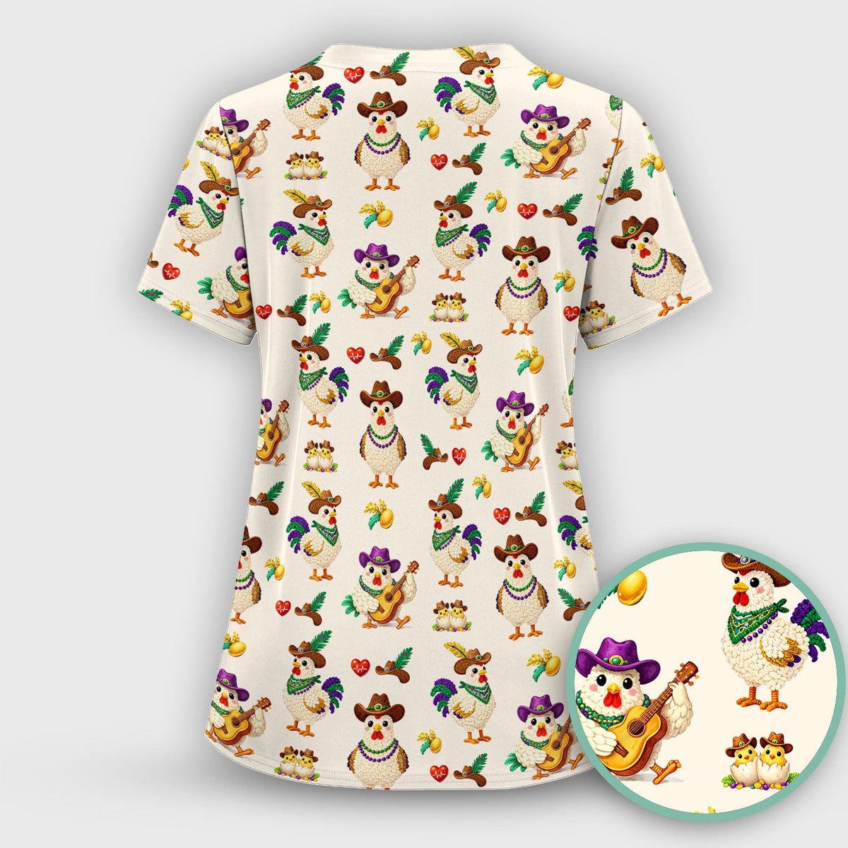 Mardi Gras Rooster Cowboy Nurse Scrub Top