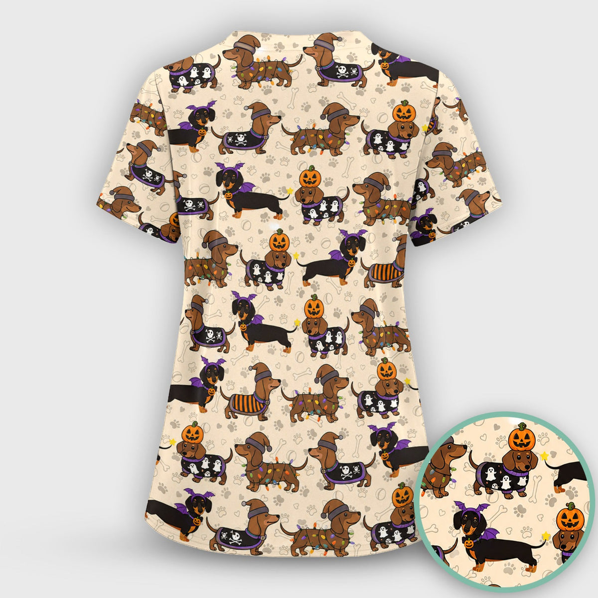 Dachshund Pumpkin Ghost Nurse Scrub Top - Halloween Gift