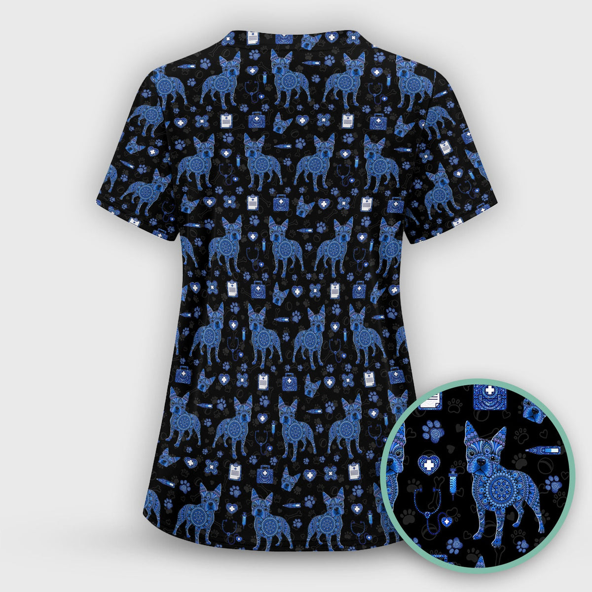 Blue Heeler Australian Cattle Dog Scrub Top, Australia Dot Art Pattern Shirt, Breathable Fabrics Nursing Uniform