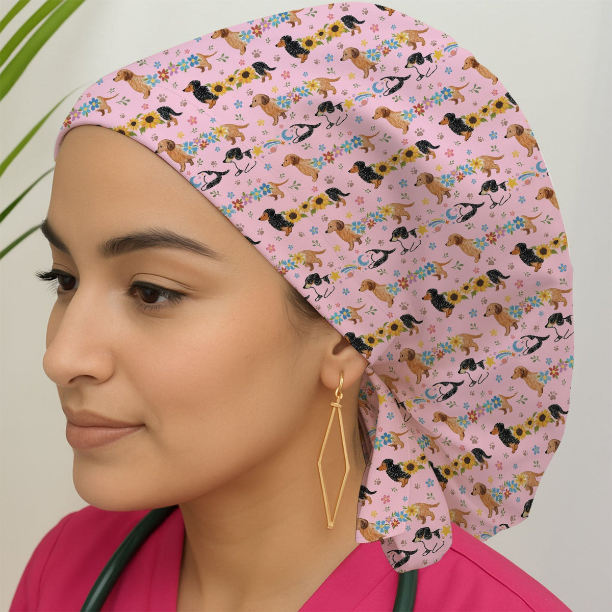 Floral Wiener Dog Scrub Cap