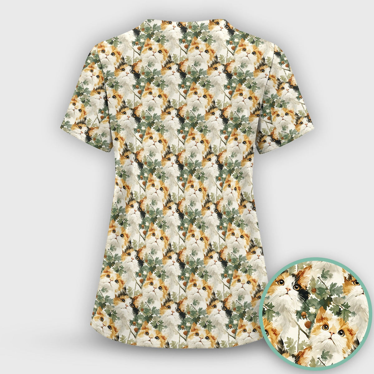 Fluffy Calico Cat Oak Leaves Nurse Scrub Set