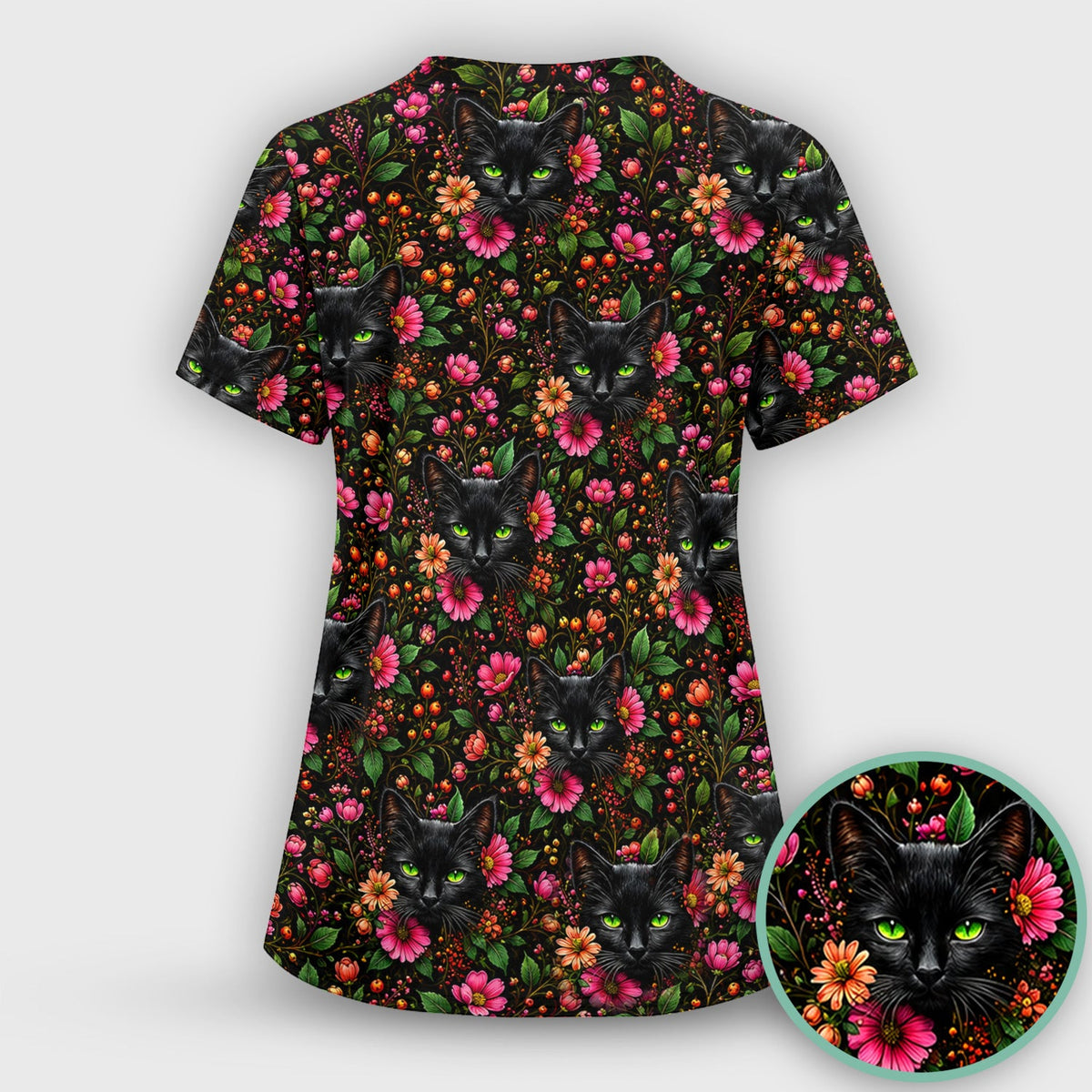 Adorable Black Cat Blossom Nurse Scrub Set