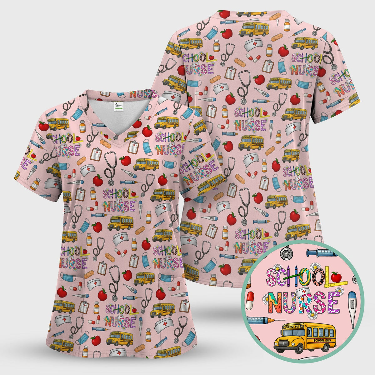 School Bus Stethoscope Nurse Scrub Top