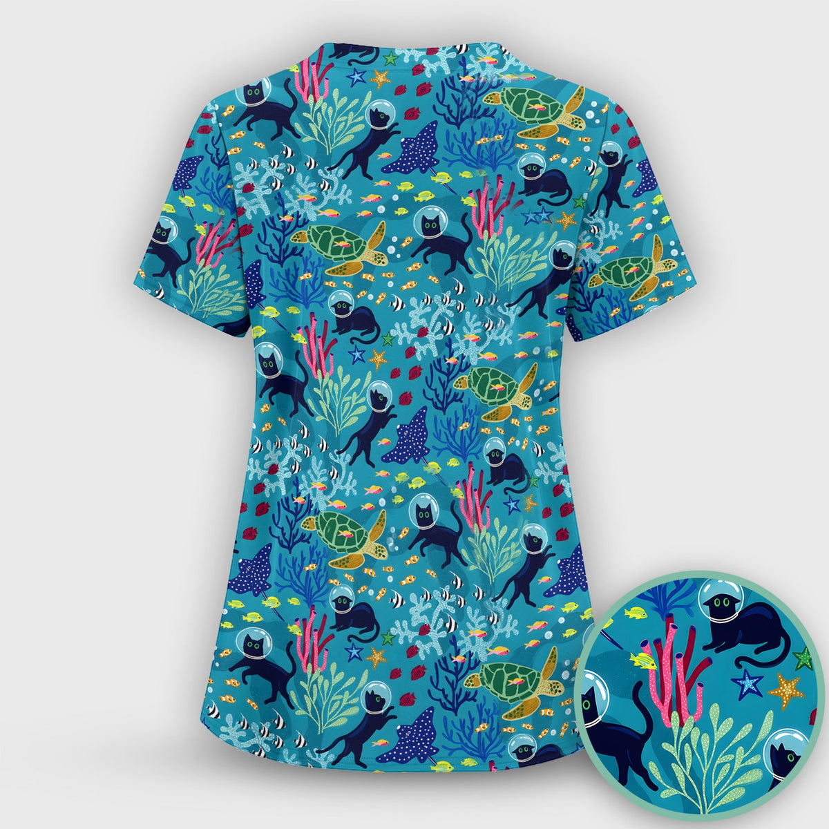 Underwater Cat Turtle Veterinary Pattern Scrub Top for RN, CNA, Ocean Medical Uniform