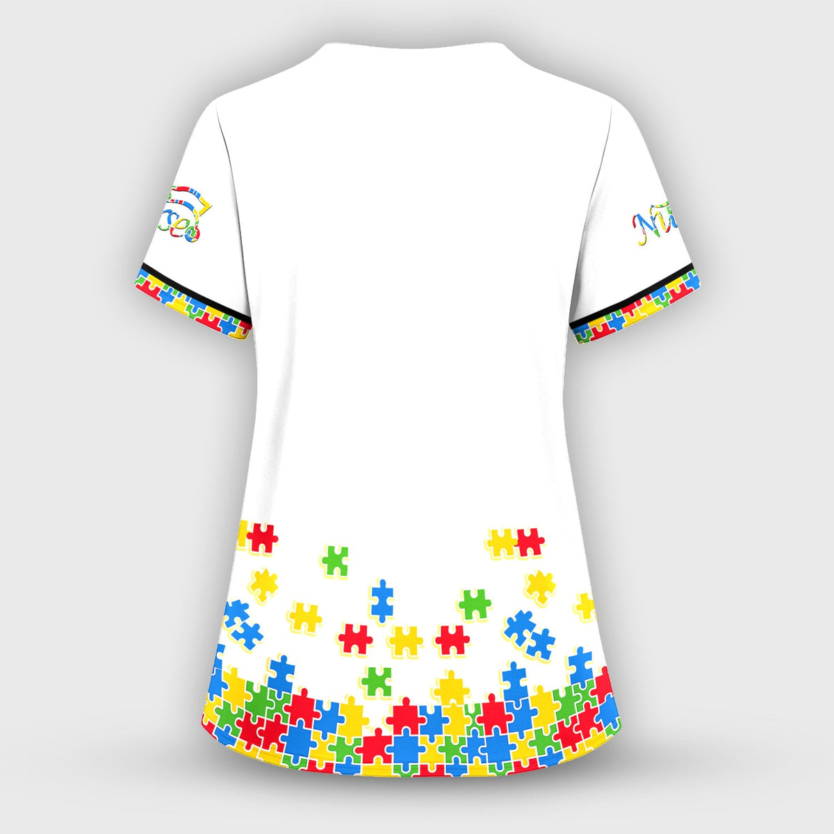 Autism Puzzle Bow Colorful Pieces Nurse Scrub Set