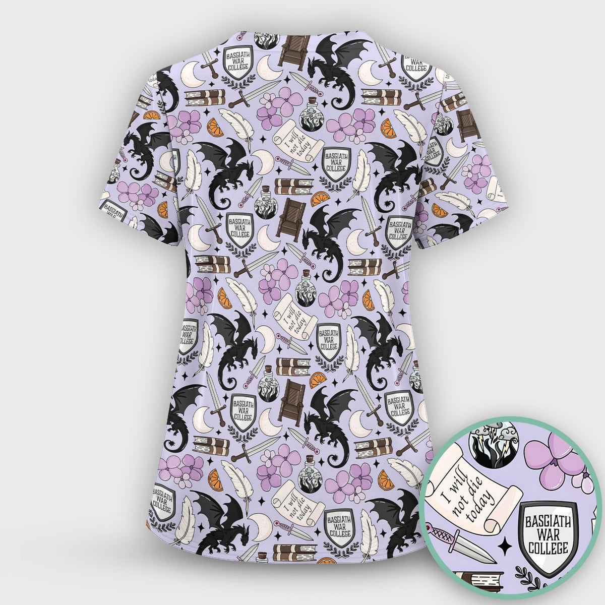 Spooky Gothic Fantasy Dragon Pattern Scrub Set, Scrub Pants and V Neck Top