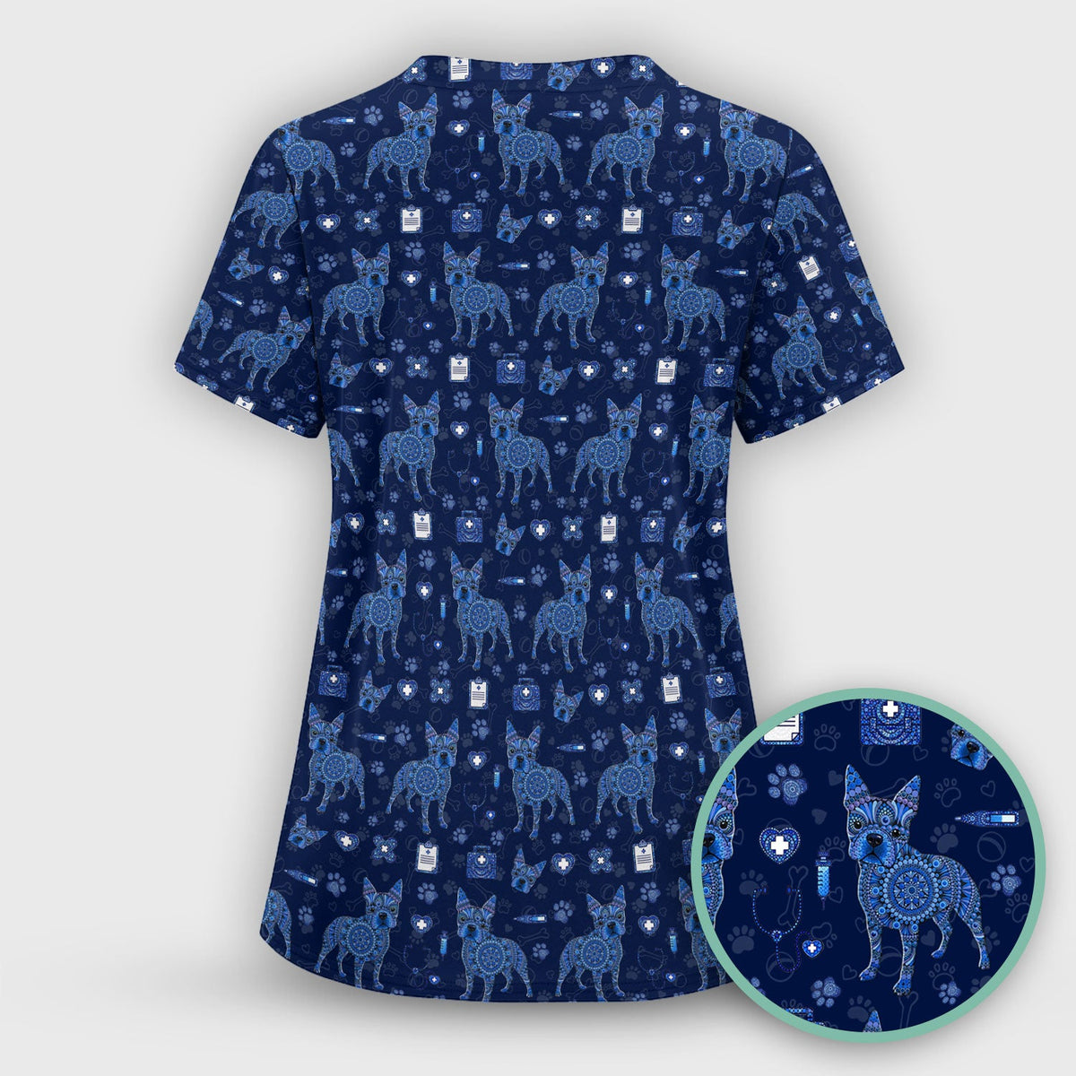 Blue Heeler Australian Cattle Dog Scrub Top, Australia Dot Art Pattern Shirt, Breathable Fabrics Nursing Uniform
