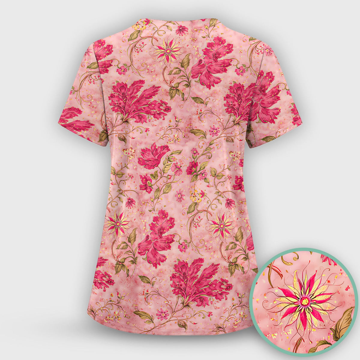 Elegant Pink Floral Vine Nurse Scrub Set