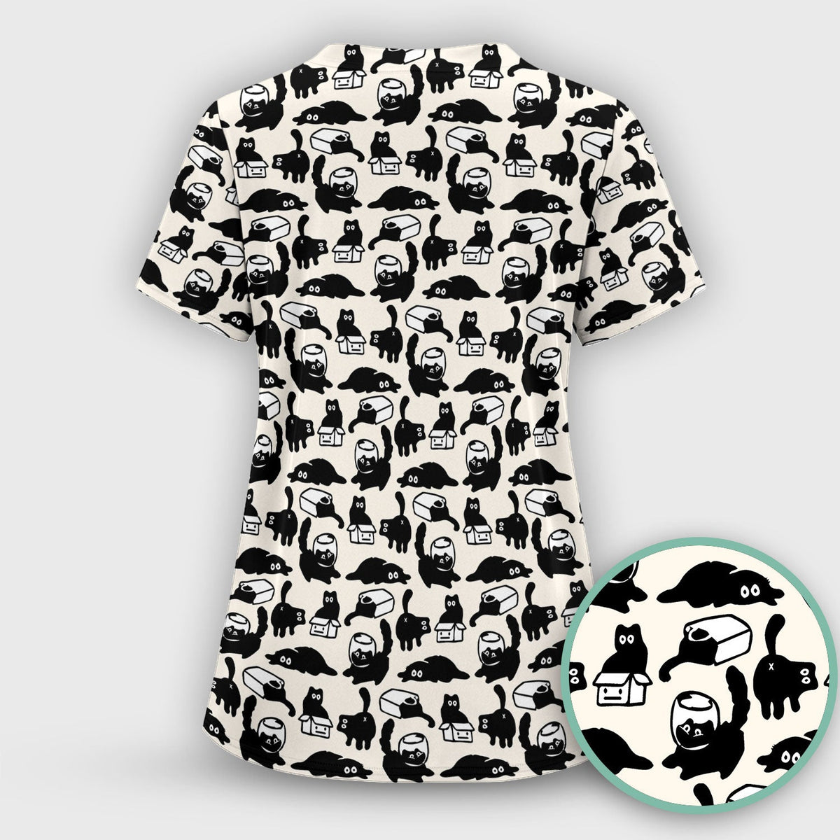 Dark Playful Cat Nurse Scrub Top