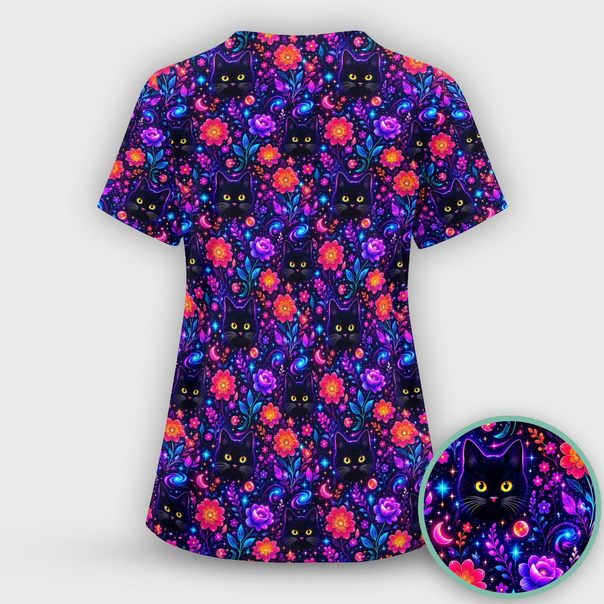 Galaxy Black Cat Floral Nurse Scrub Set