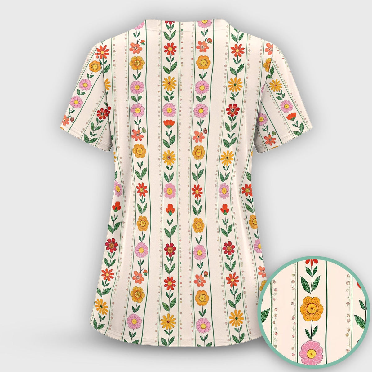 Retro Floral Stripe Garden Bloom Nurse Scrub Top