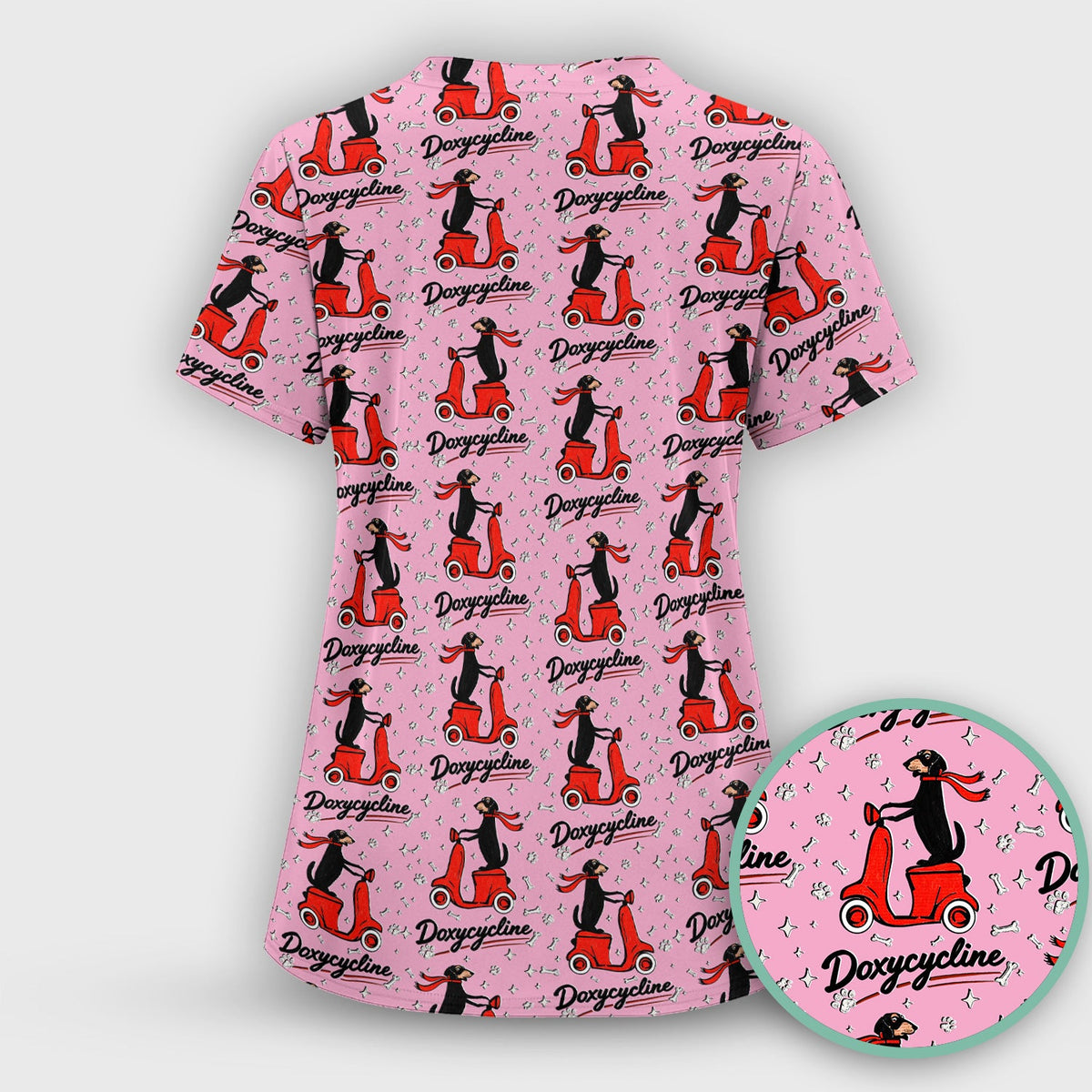 Funny Dachshund Riding Scooter Doxycycline Print Scrub Top ,Comfortable Scrubs for Nurses