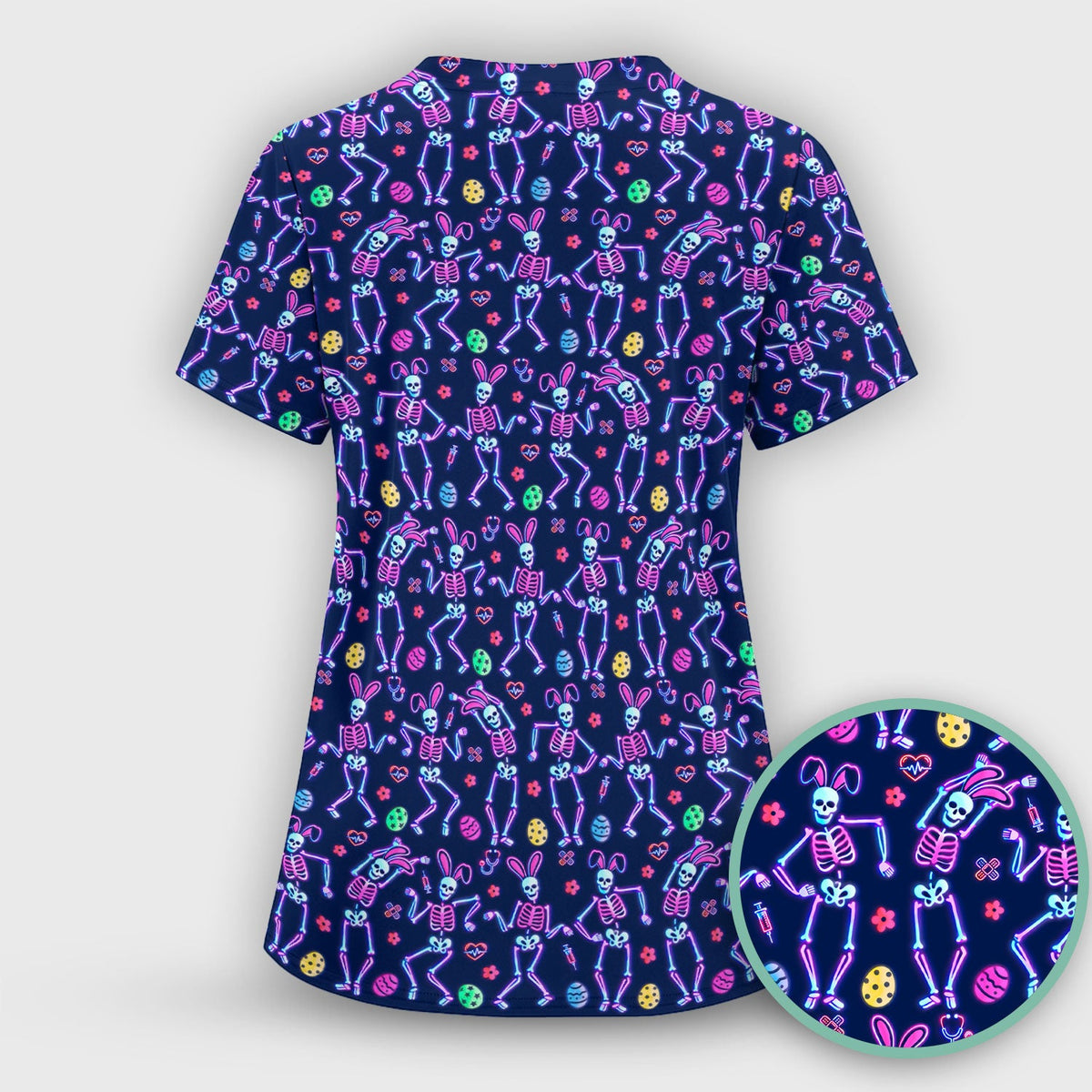 Neon Easter Skeleton Print Scrub Set, Scrub Pants and V Neck Top