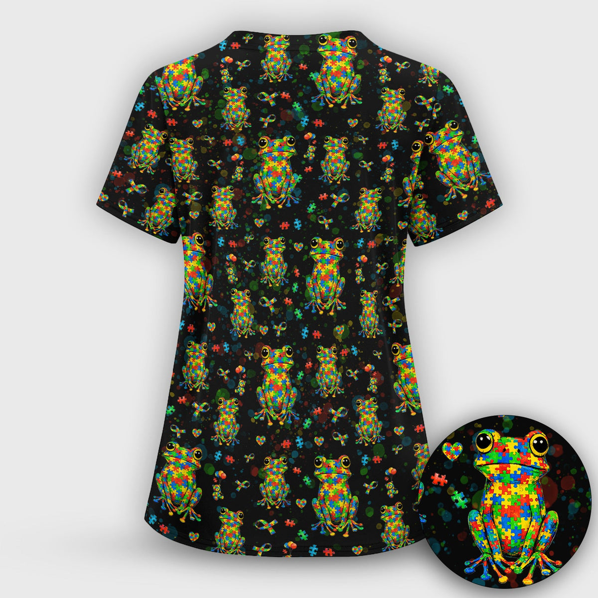 Colorful Autism Puzzle Frog Nurse Scrub Top