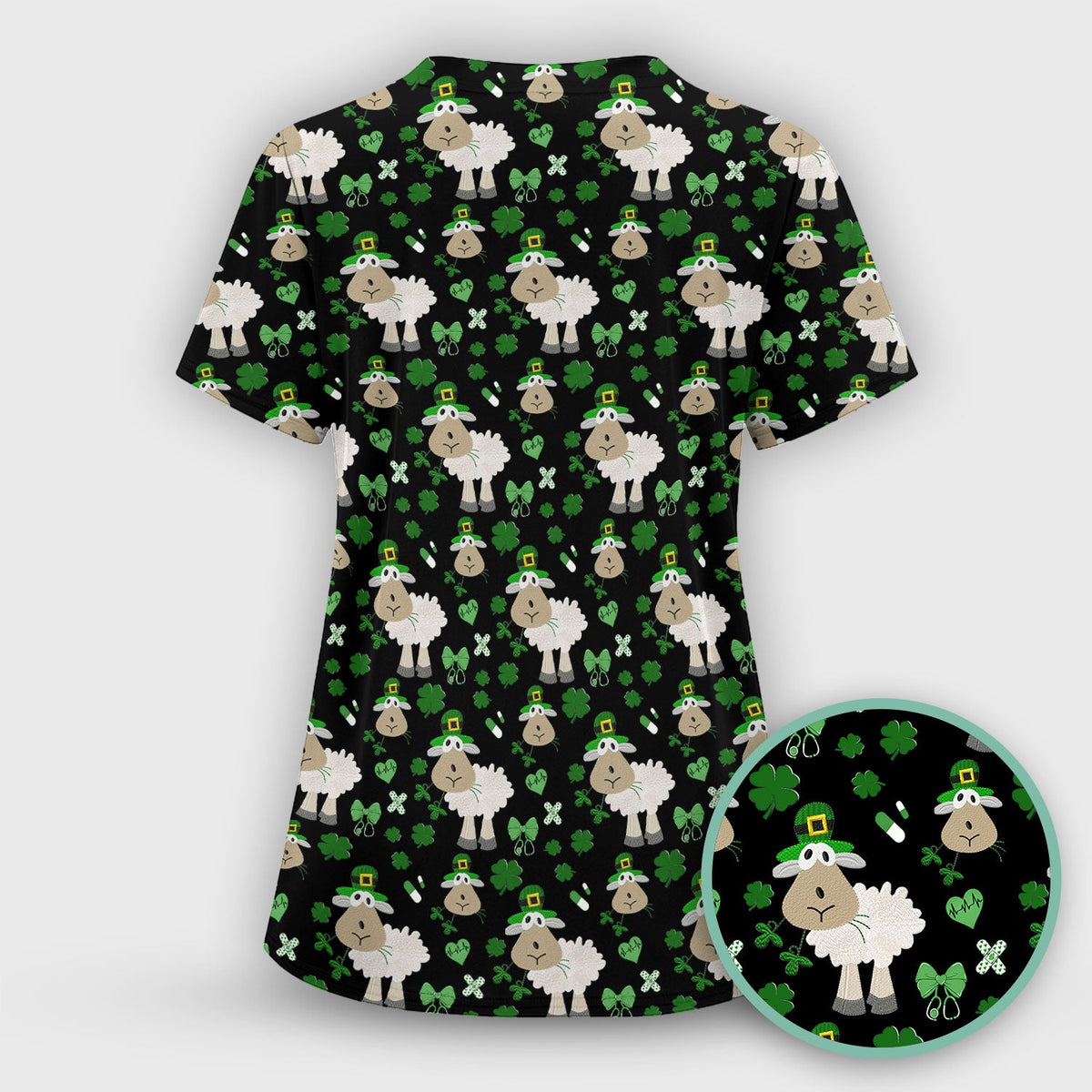 Nurse St. Patrick's Day Scrubs Top, Cute Sheep Shamrock Pattern Nurse Shirt, Breathable Fabrics Nursing Uniform