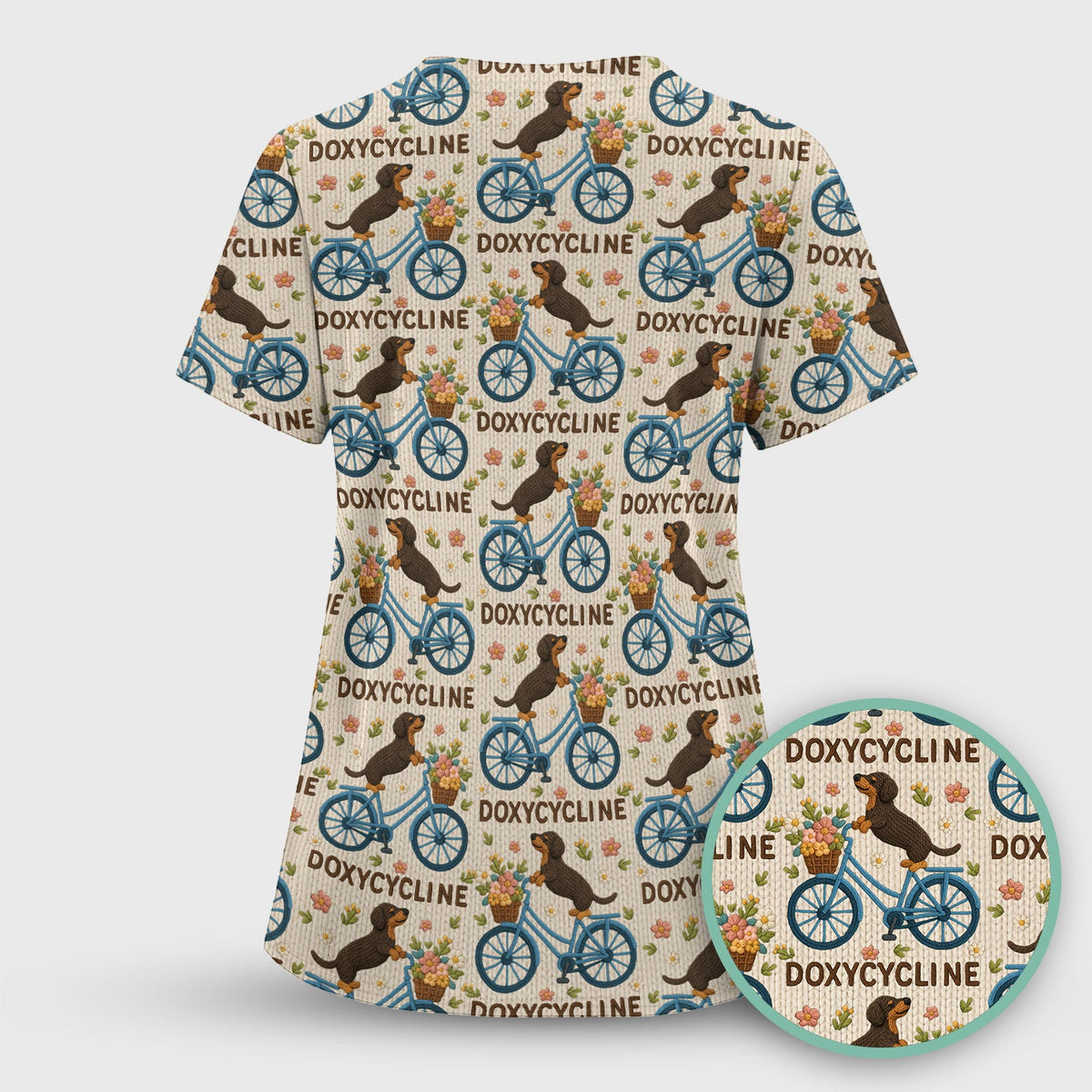 Doxycycline Pharmacy Pun Scrub Top - Dachshund on Bicycle Pharmacists Shirt - Veterinary Technicians Gift