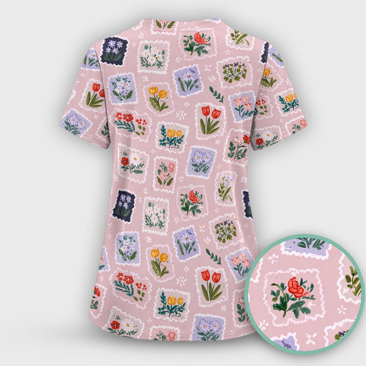 Vintage Flower Stamp Pattern Scrub Top, Breathable Fabrics Nursing Uniform