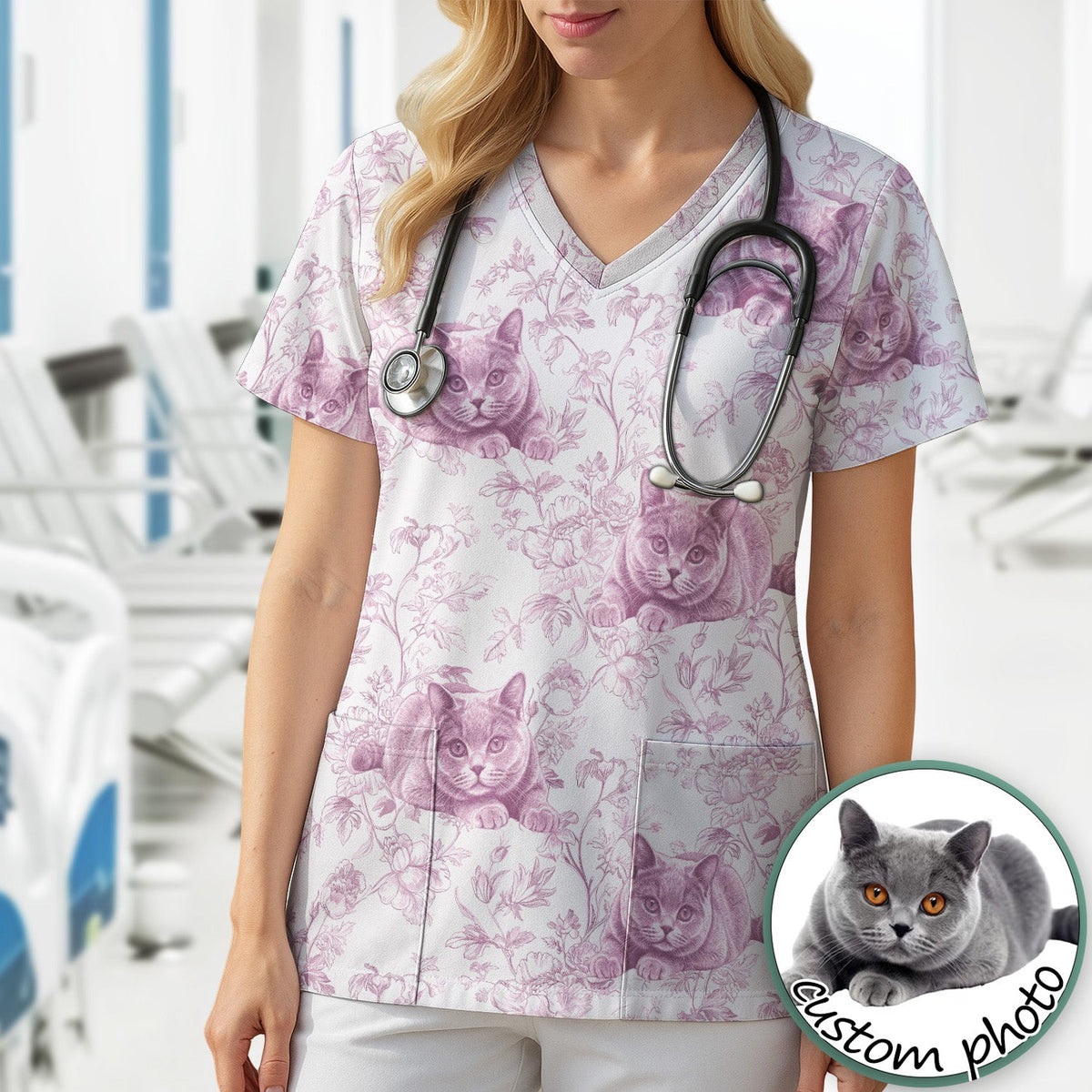 Dog Cat Chinoiserie Nurse Scrub Top