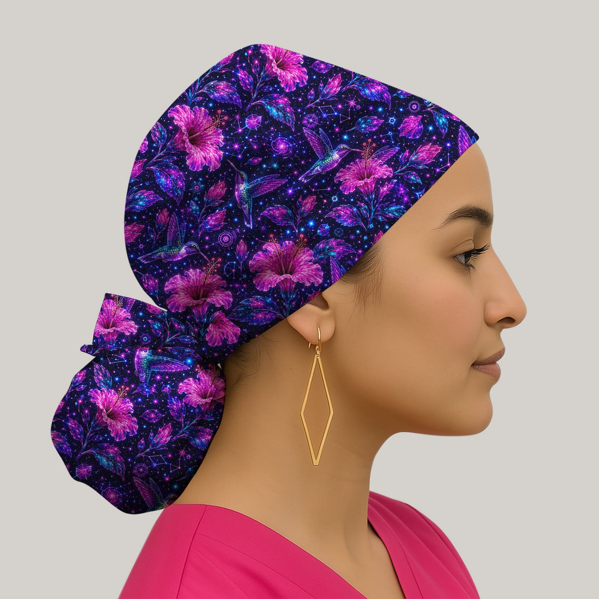 Galaxy Floral Hummingbird Scrub Cap