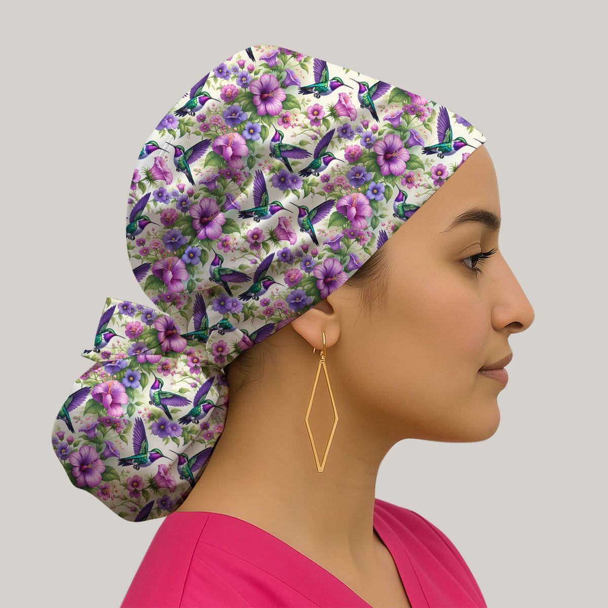 Purple Hummingbird Hibiscus Floral Scrub Cap