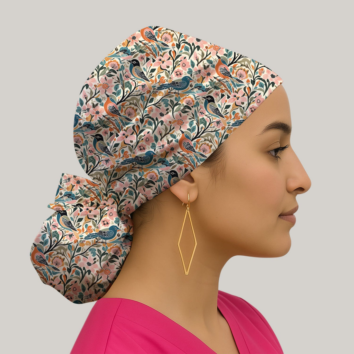 Folk Art Songbird Floral Scrub Cap